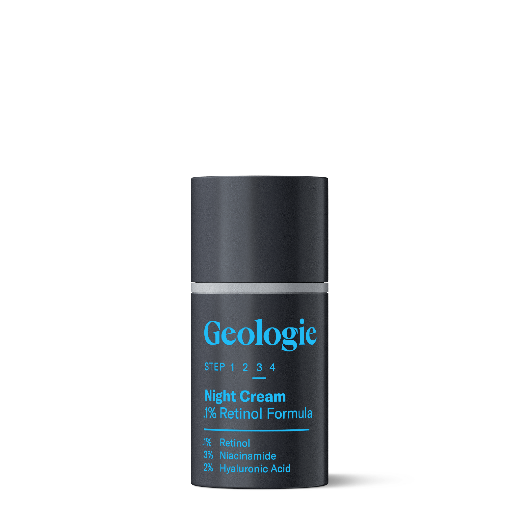 A bottle of Geologie Retinol Night Cream labeled with key ingredients: 1% retinol, 3% niacinamide, and 2% hyaluronic acid, against a dark background
