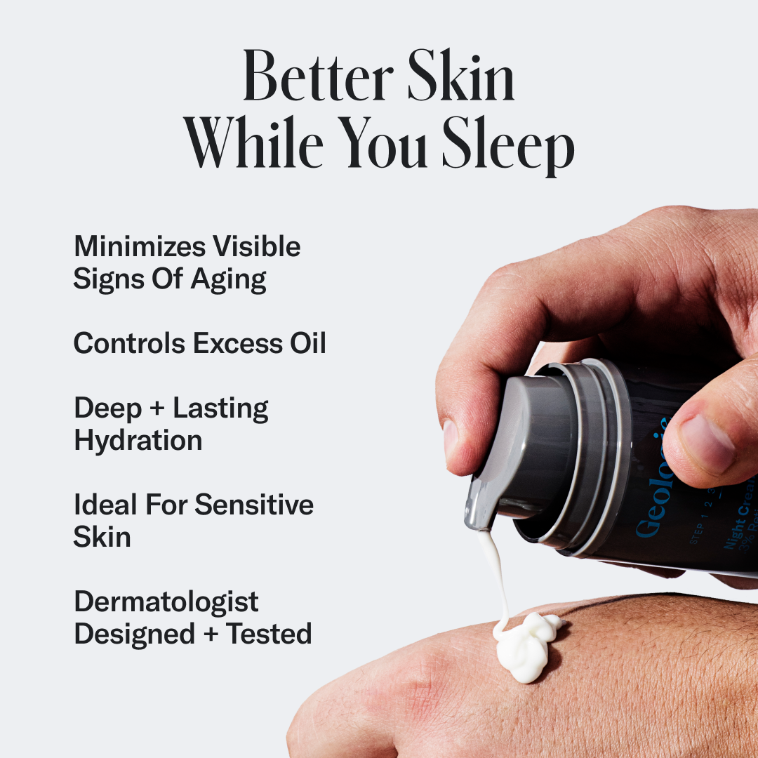 A hand dispensing Geologie Retinol Night Cream from a bottle labeled gel cream onto another hand, against a background with text about skin benefits.