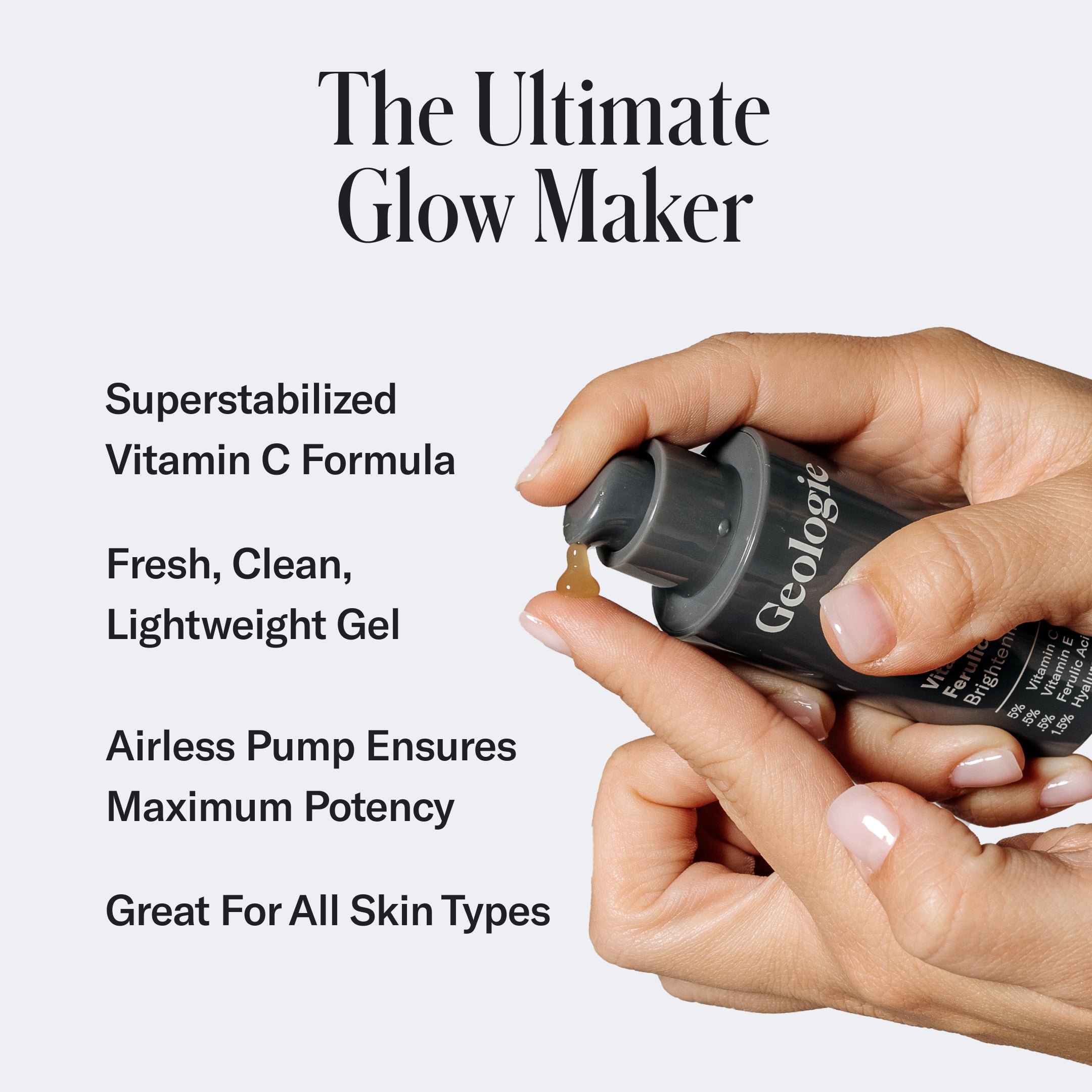 Hands dispensing a serum from a labeled bottle of Geologie's Luxury Skincare Set, the ultimate glow maker, highlighting its vitamin C formula and benefits for all skin types, including reducing dark circles.