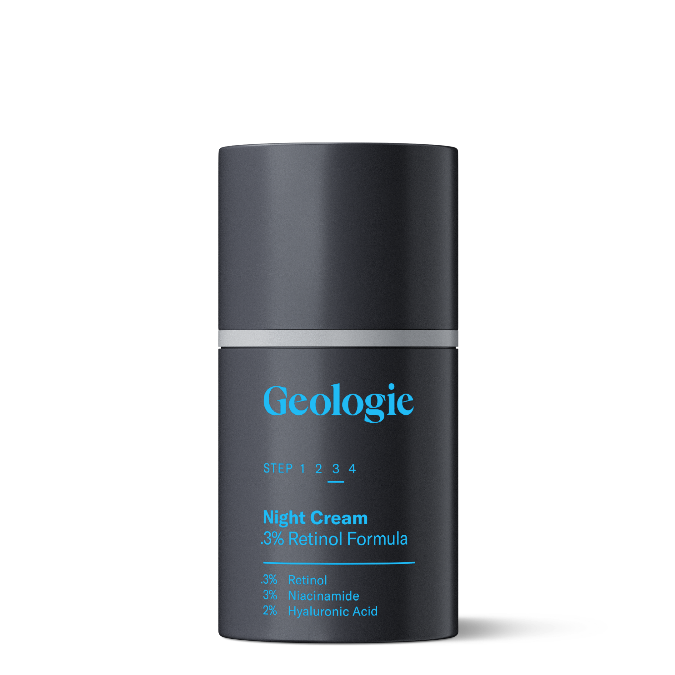 A black skincare product container labeled Geologie Retinol Night Cream with additional ingredients listed.