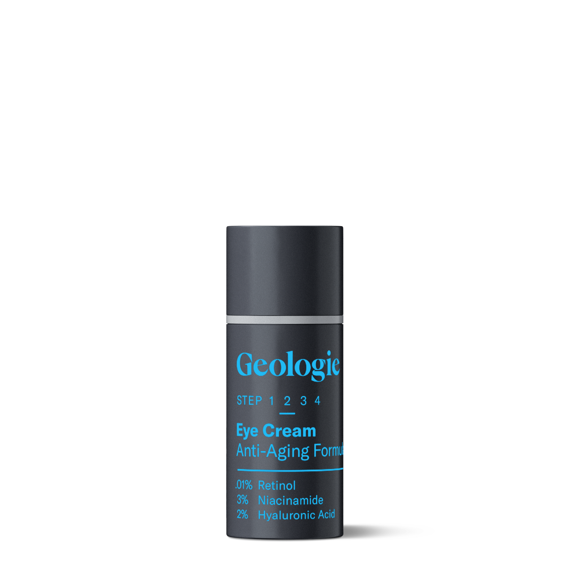 A black and gray cylindrical container labeled Geologie Eye Cream - Anti-Aging Formula showcases percentages of Retinol, Niacinamide, Hyaluronic Acid, and peptides listed below.