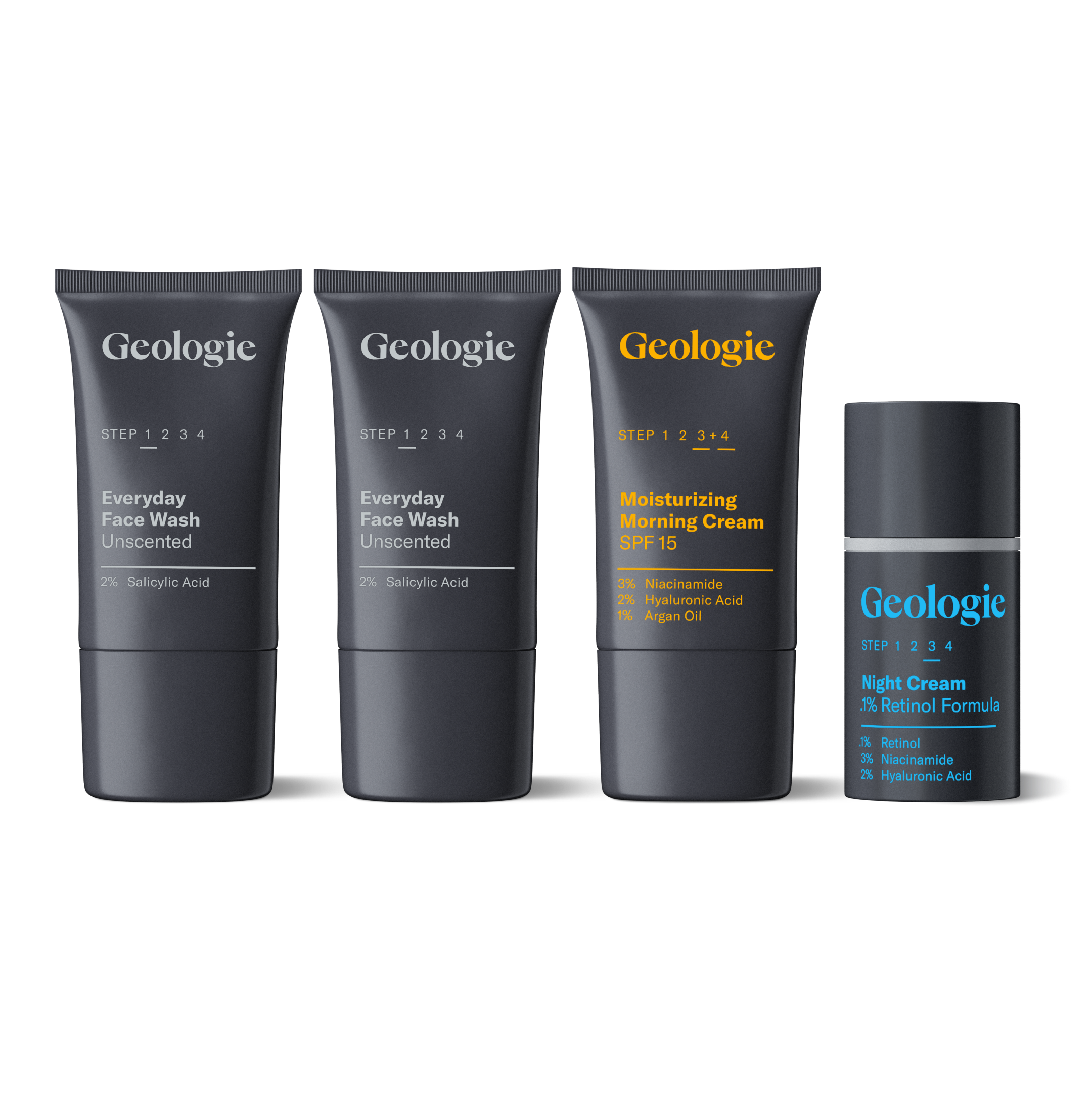 A lineup of Geologie skincare products, including the Adult Acne Routine with Salicylic Acid for acne treatment, Moisturizing Morning Cream SPF 15, and Night Cream Retinol Formula in sleek gray and black containers.