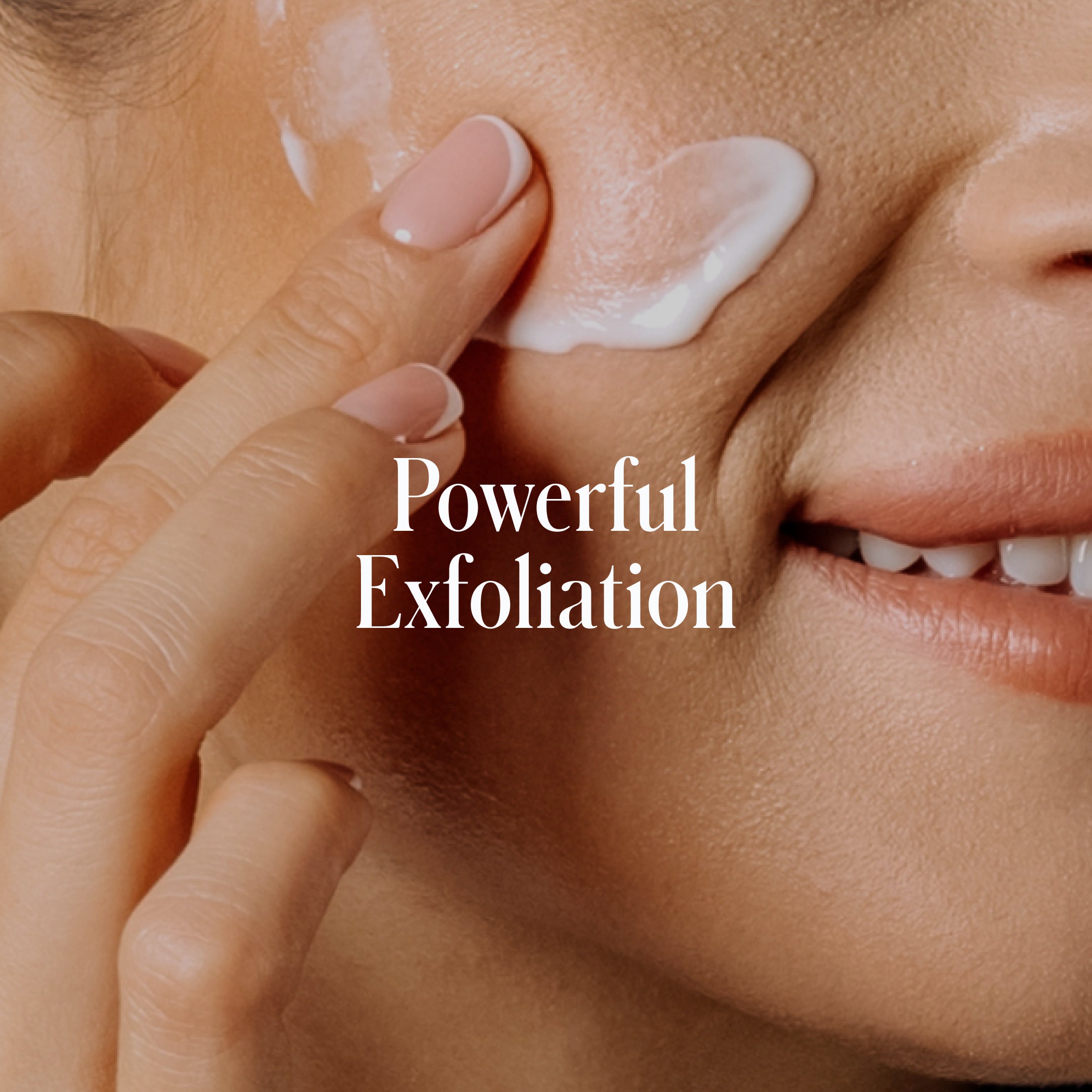 A person applies Geologie’s Skin Repair Moisturizer, a white cream, to their cheek with their fingers. Text on the image says, Powerful Exfoliation with Geologie Skin Repair Moisturizer.