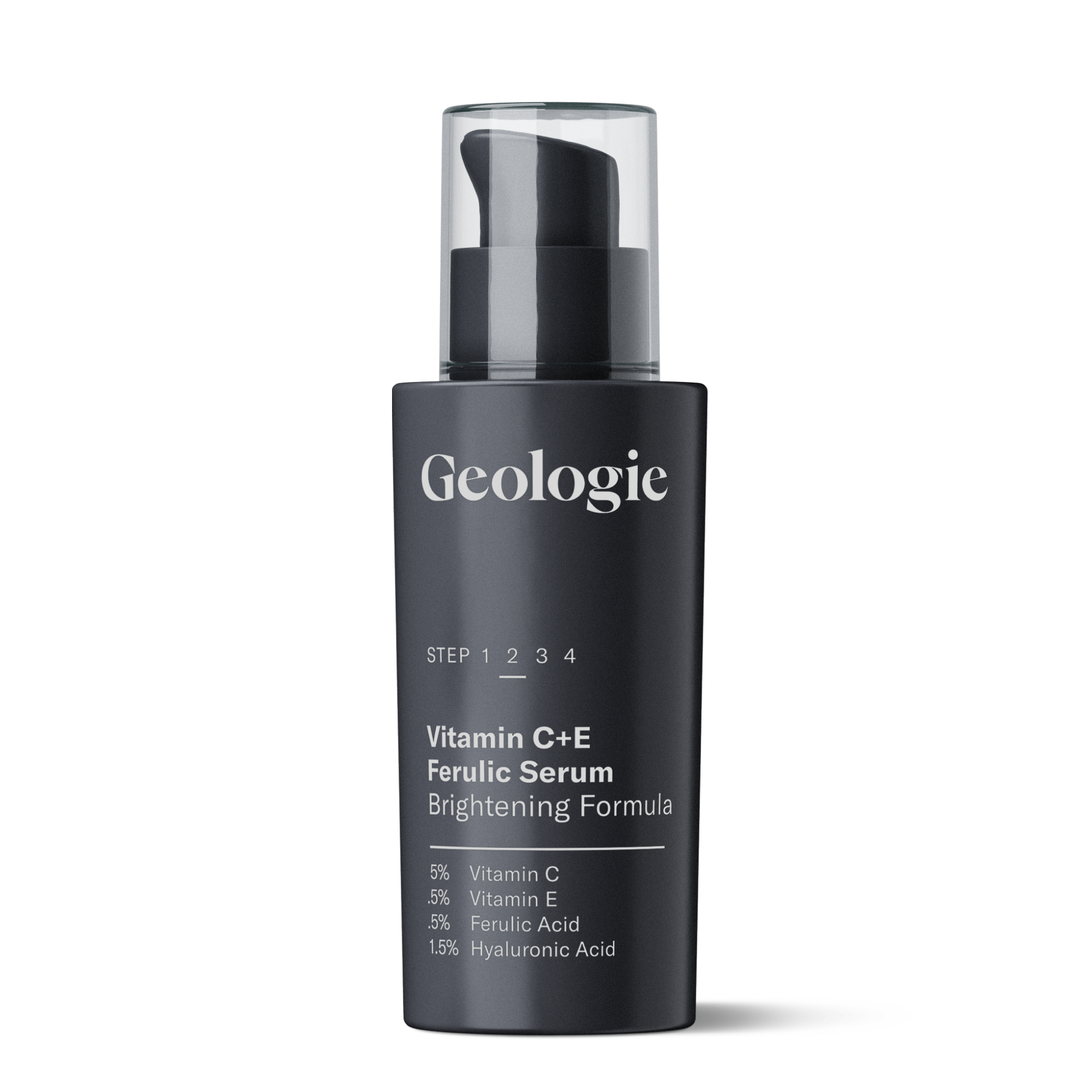 Black bottle of Geologie skincare with Vitamin C+E Ferulic Serum and collagen brightening formula.