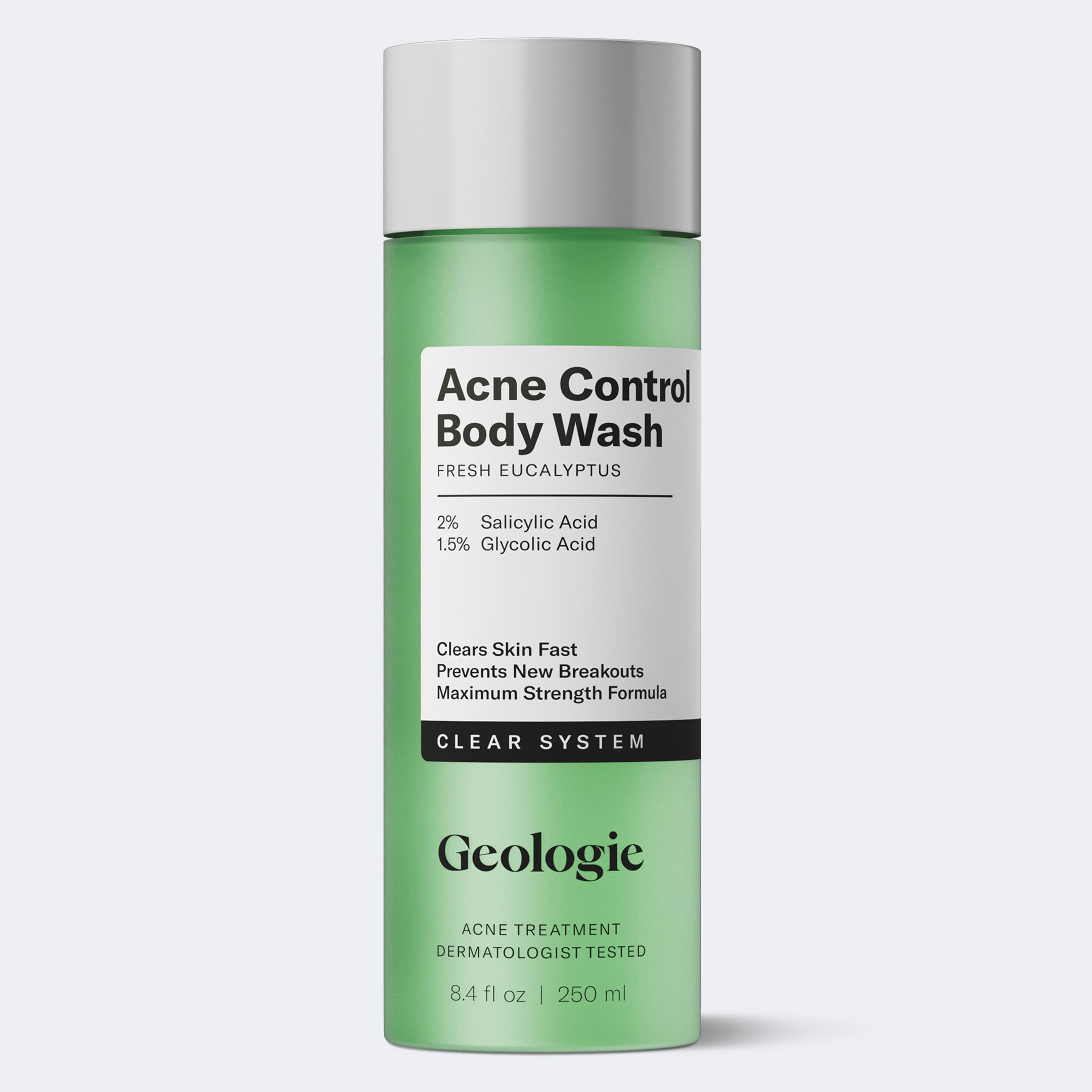A 250 ml green bottle of Geologie Acne Control Body Wash, formulated with salicylic for acne treatment, features a clean white and black label.