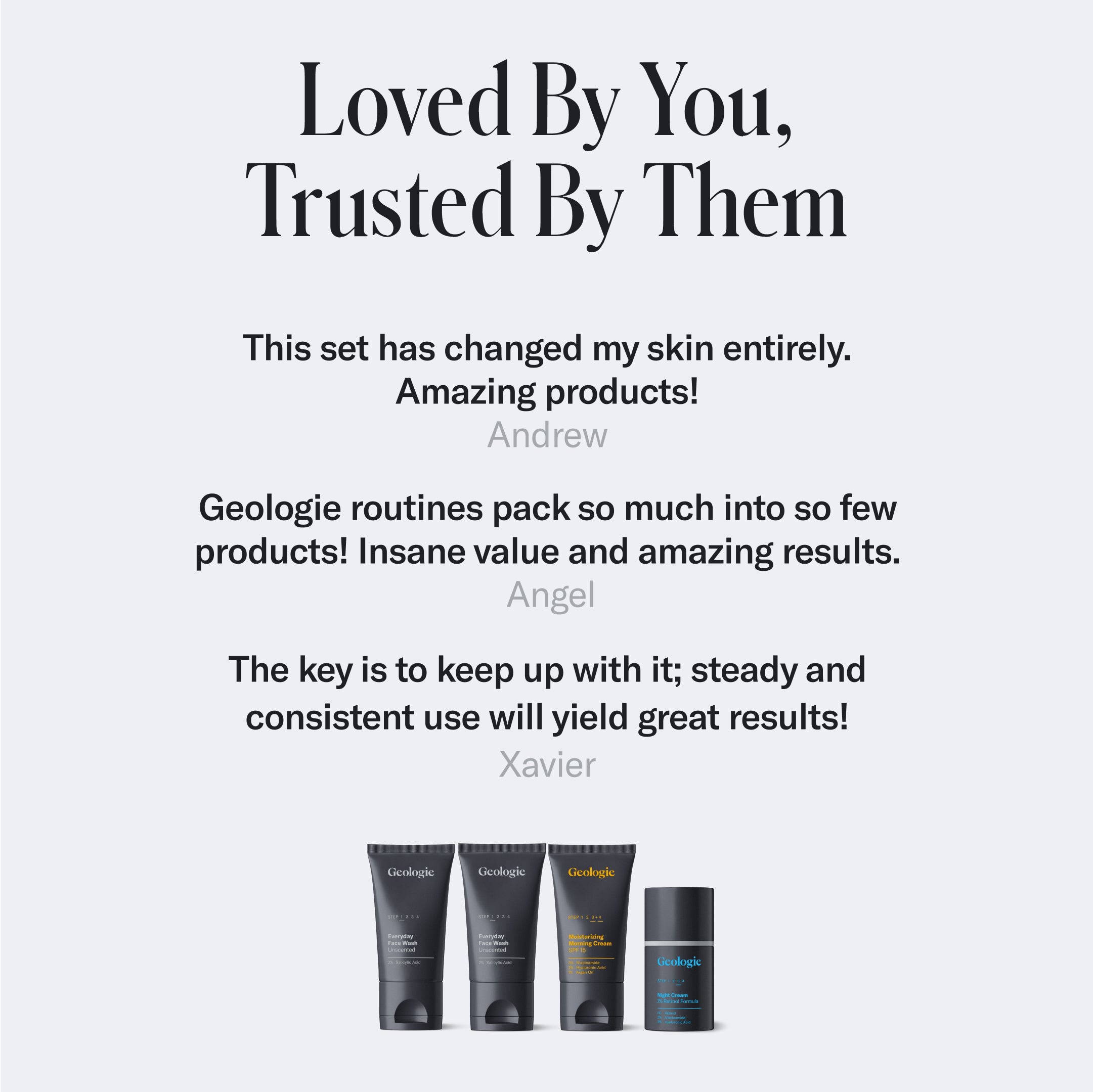An image of skincare products, including acne treatments with Retinol, featuring testimonies from users named Andrew, Angel, and Xavier. They highlight the effectiveness and value of Geologie's Adult Acne Routine. Four product containers are displayed at the bottom.