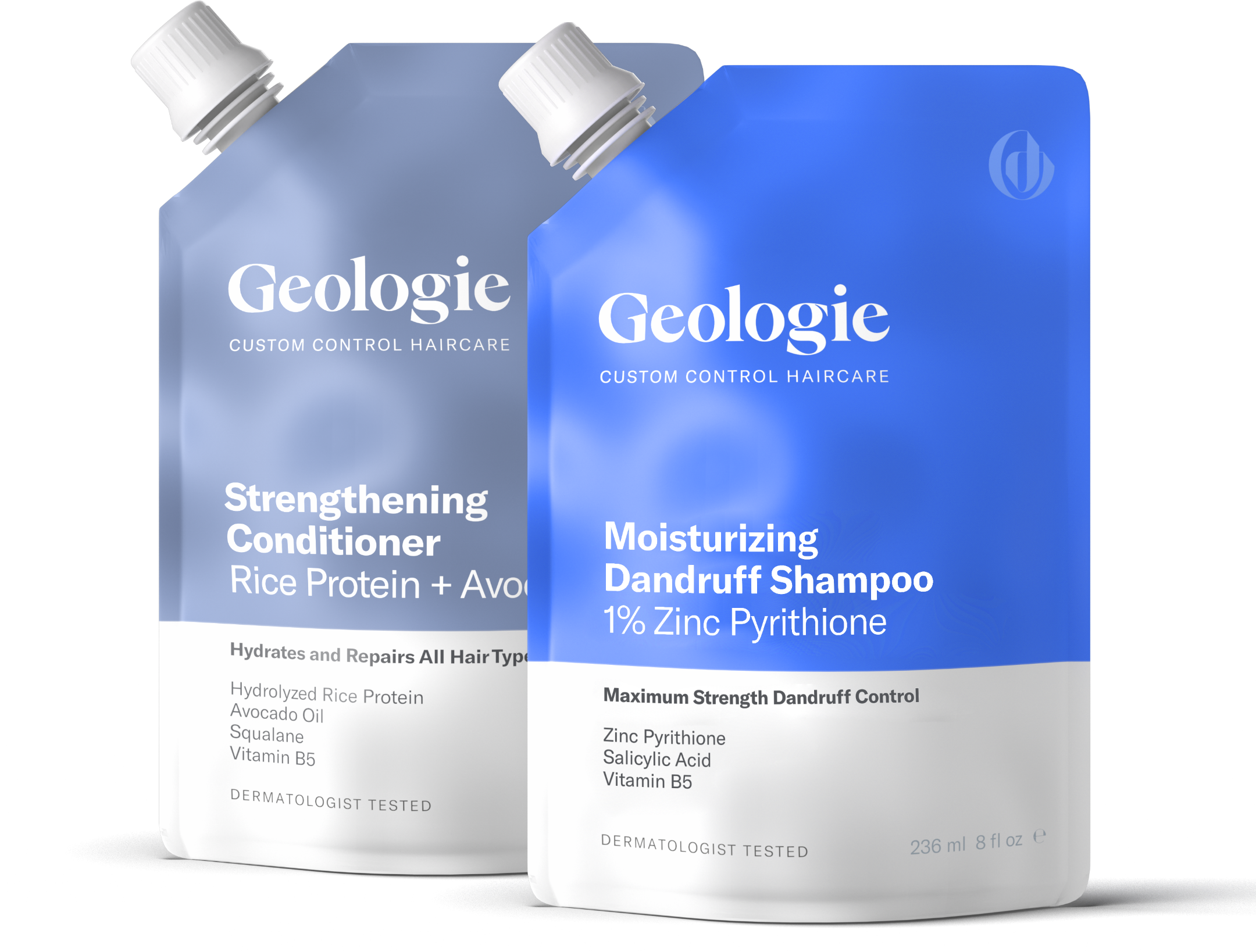 Two bottles of Geologie Dandruff Shampoo + Strengthening Conditioner with descriptions highlighting their active ingredients and benefits.