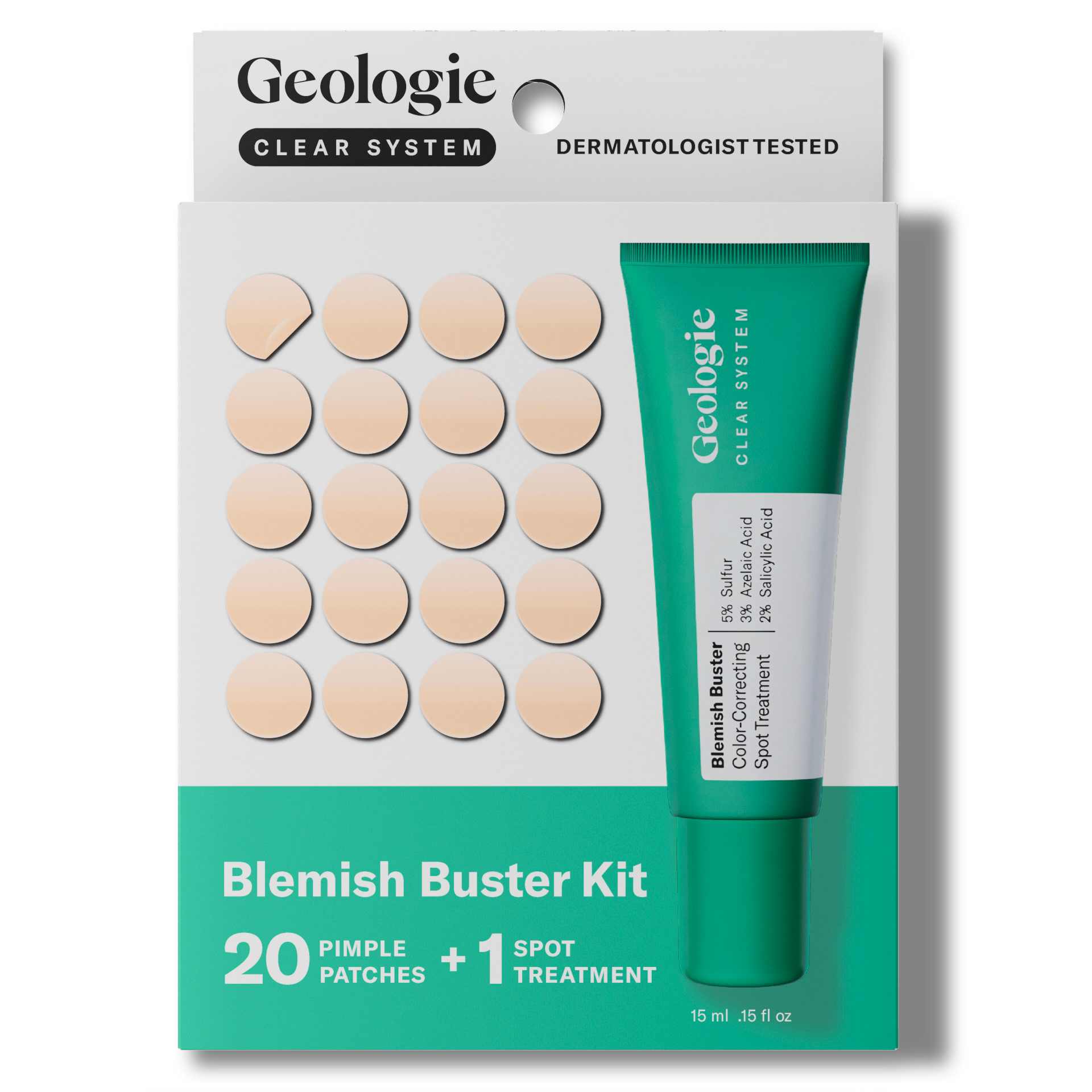 Packaging for Geologie's Full Size Add-on featuring 20 pimple patches and a tube of salicylic acid spot treatment.