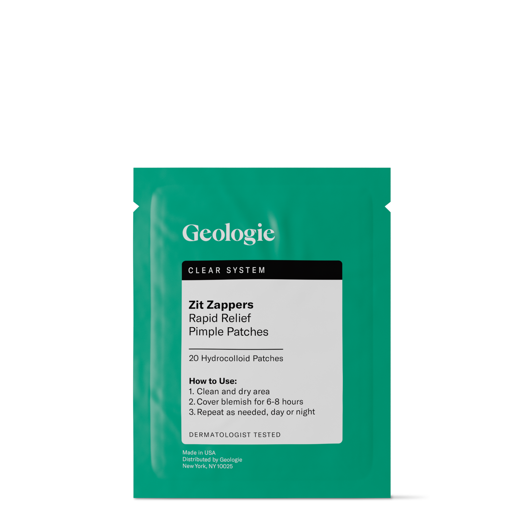A packet of Geologie Clear System Rapid Relief Zit Zappers patches.