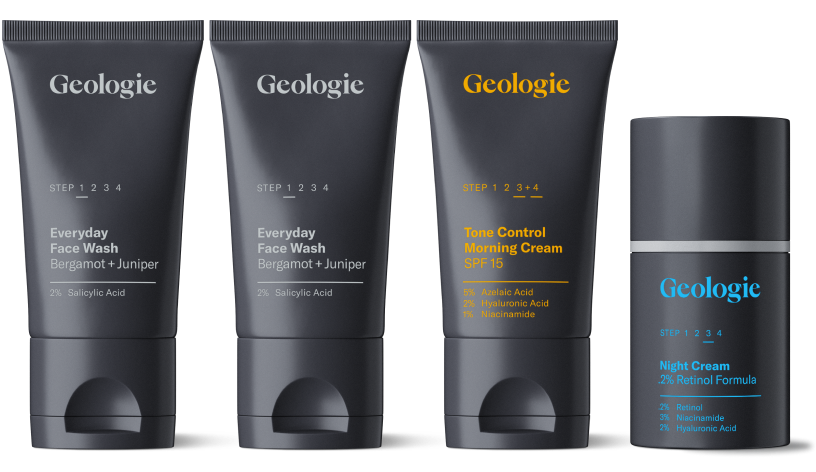 The Geologie Regimen #32 Classic Welcome Set includes four skincare products: three tubes labeled Everyday Face Wash and Tone Control Morning Cream, and one cylindrical container labeled Night Cream.