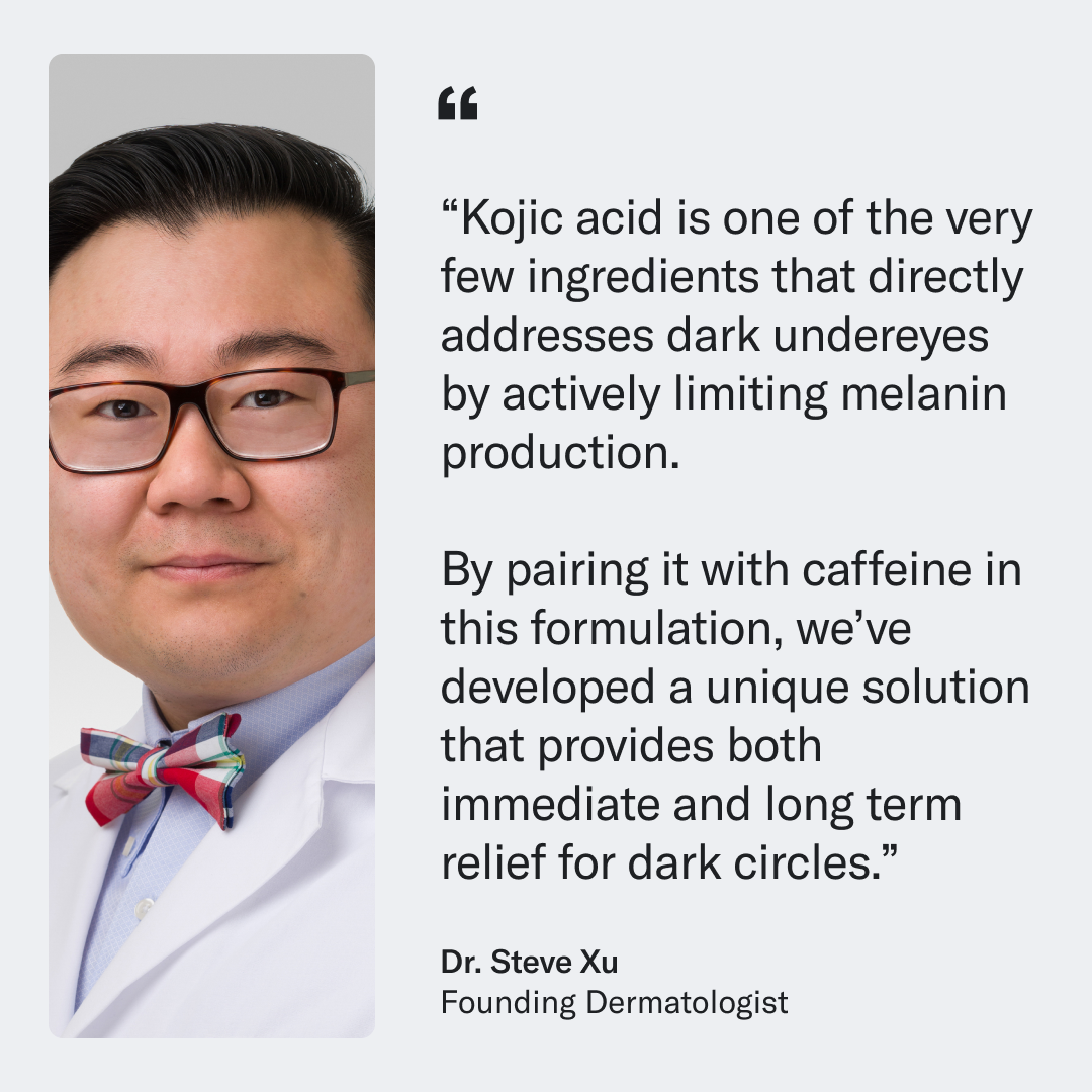 Dr. Steve Xu, wearing glasses and a bow tie, discusses the benefits of Geologie Eye Cream - Dark Circle Formula, which contains kojic acid, caffeine, and hyaluronic acid for treating dark under-eye circles in the text beside his photo.