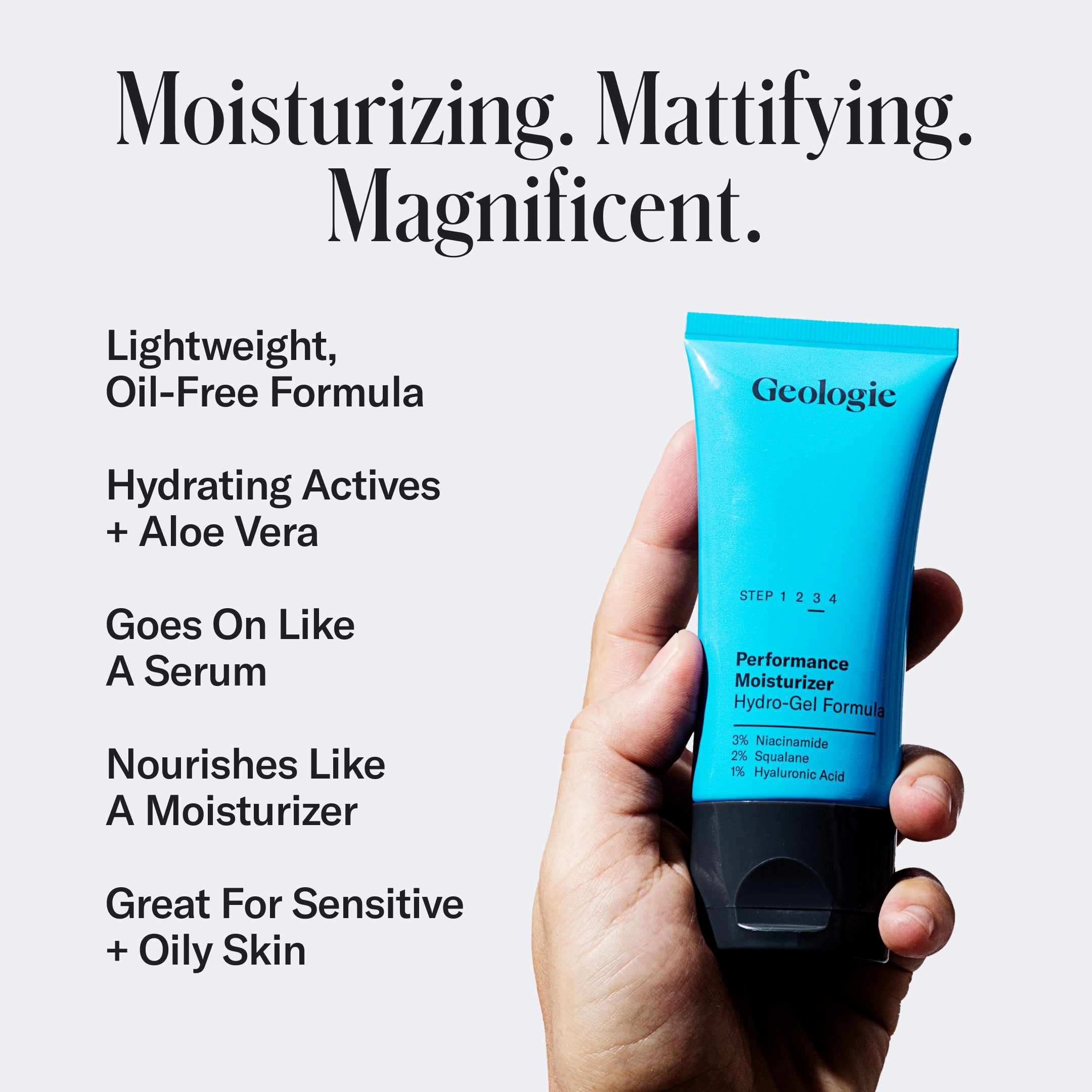 A hand holding a tube of Geologie Ultimate Skincare Set against a black background, with text detailing the product’s lightweight, oil-free formula and its benefits for reducing wrinkles.