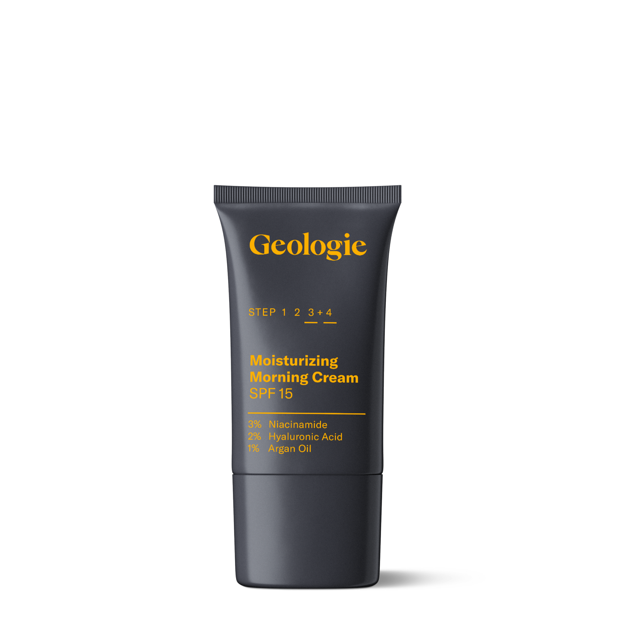 A black tube labeled Geologie Moisturizing Face Cream with SPF15 features ingredients like Niacinamide, Hyaluronic Acid, and Argan Oil. This morning face cream provides reef-safe SPF protection while detailing steps 1-4 for optimal use.