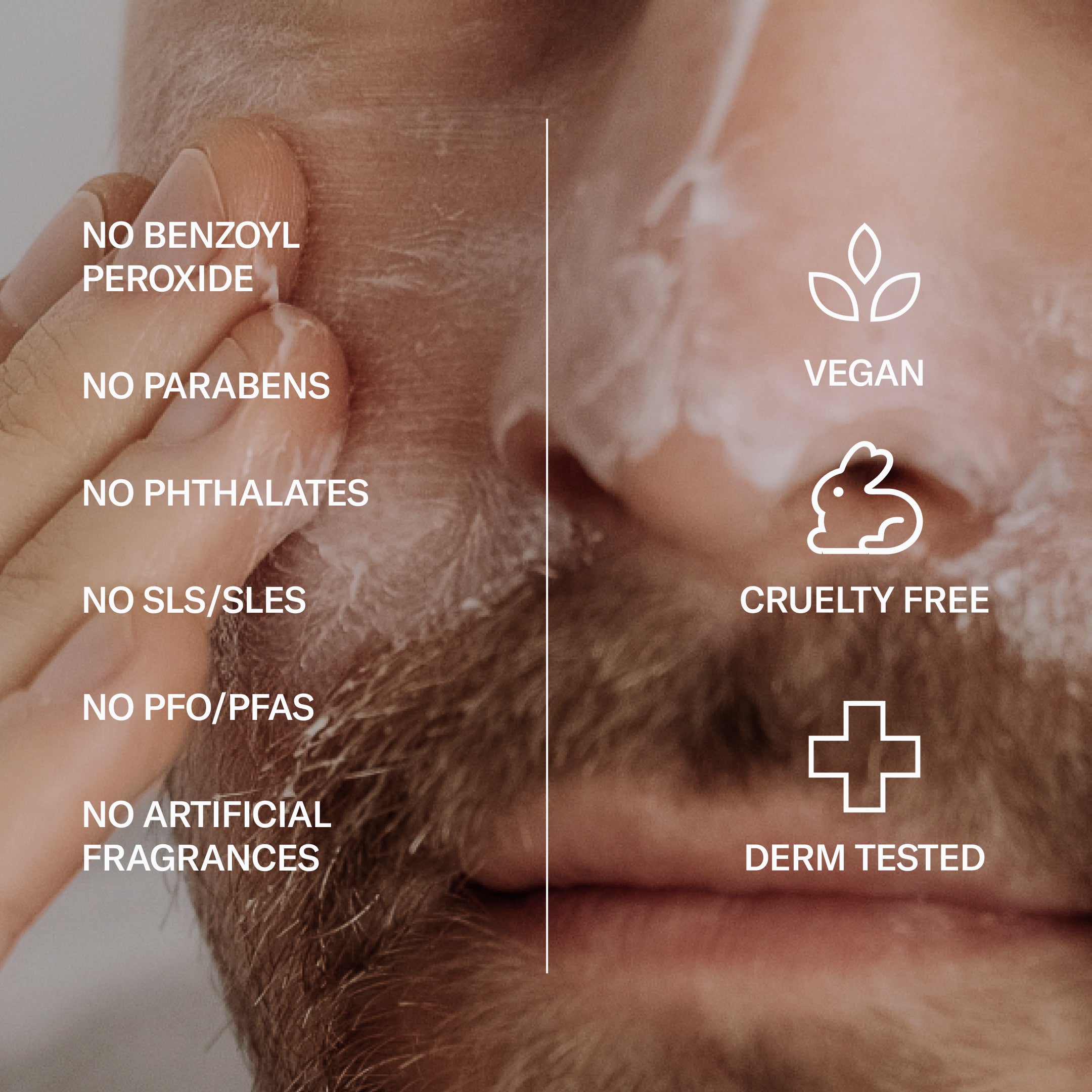 A close-up of a man's face using Geologie Acne Control Face Wash, with text highlighting: no harsh chemicals, vegan, cruelty-free, dermatologist-tested, and powered by salicylic acid for effective acne treatment.