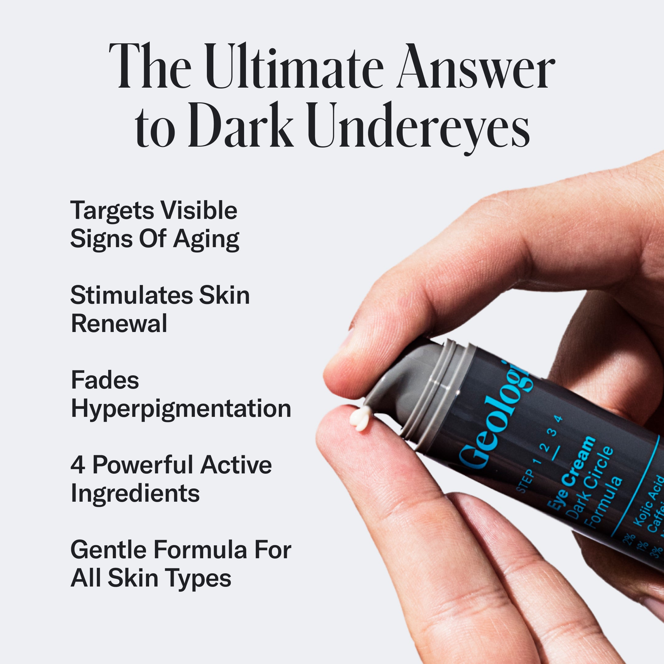 A hand holds a tube of Deluxe Skincare Set from Geologie. Text on the left lists benefits: targets visible signs of aging, stimulates skin renewal, fades dark circles and hyperpigmentation, contains 4 active ingredients, and suits all skin types.