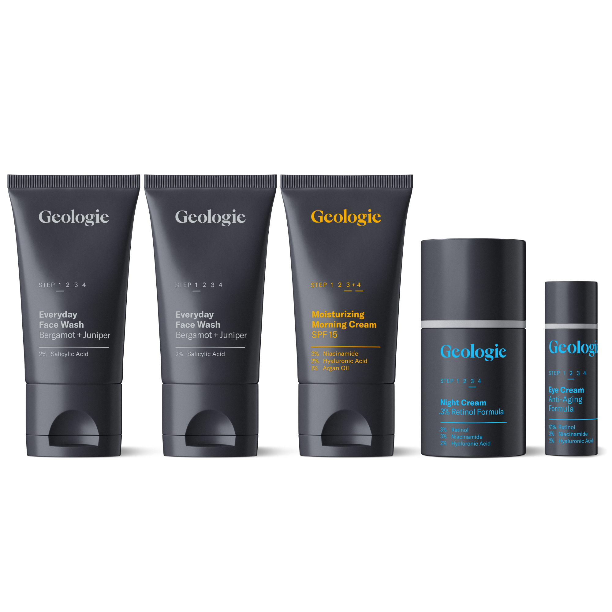 A collection of five Geologie Anti Aging Skincare Routine products, including face washes, moisturizers, and anti-aging creams designed to combat signs of aging.