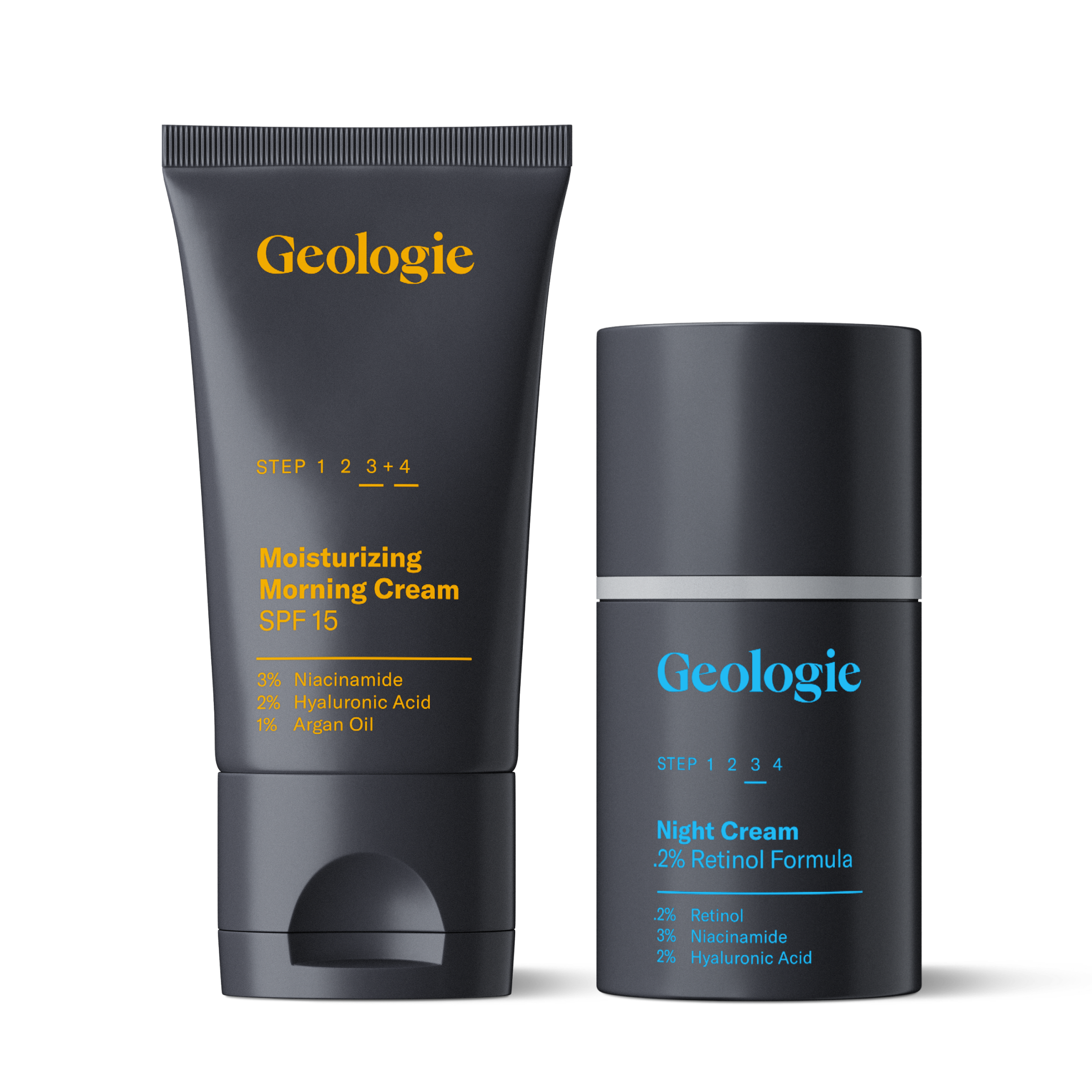 Two Day & Night Cream Duo products labeled Geologie; a morning cream with SPF 15 and a night cream with retinol, displayed against a dark, flowing background.