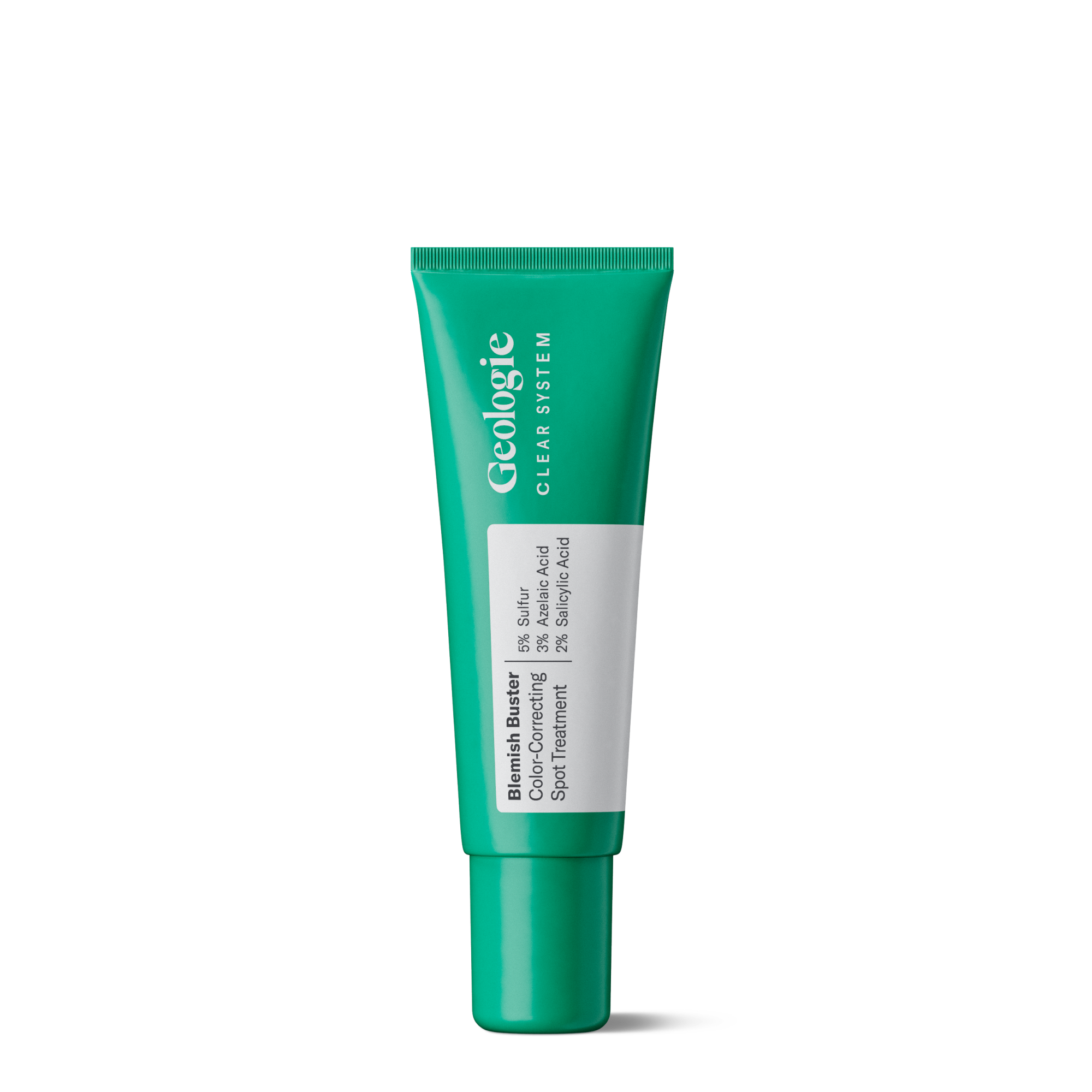A green tube labeled Full Size Add-on from Geologie, featuring Blemish Buster treatment with 6% sulfur and 2% salicylic acid.