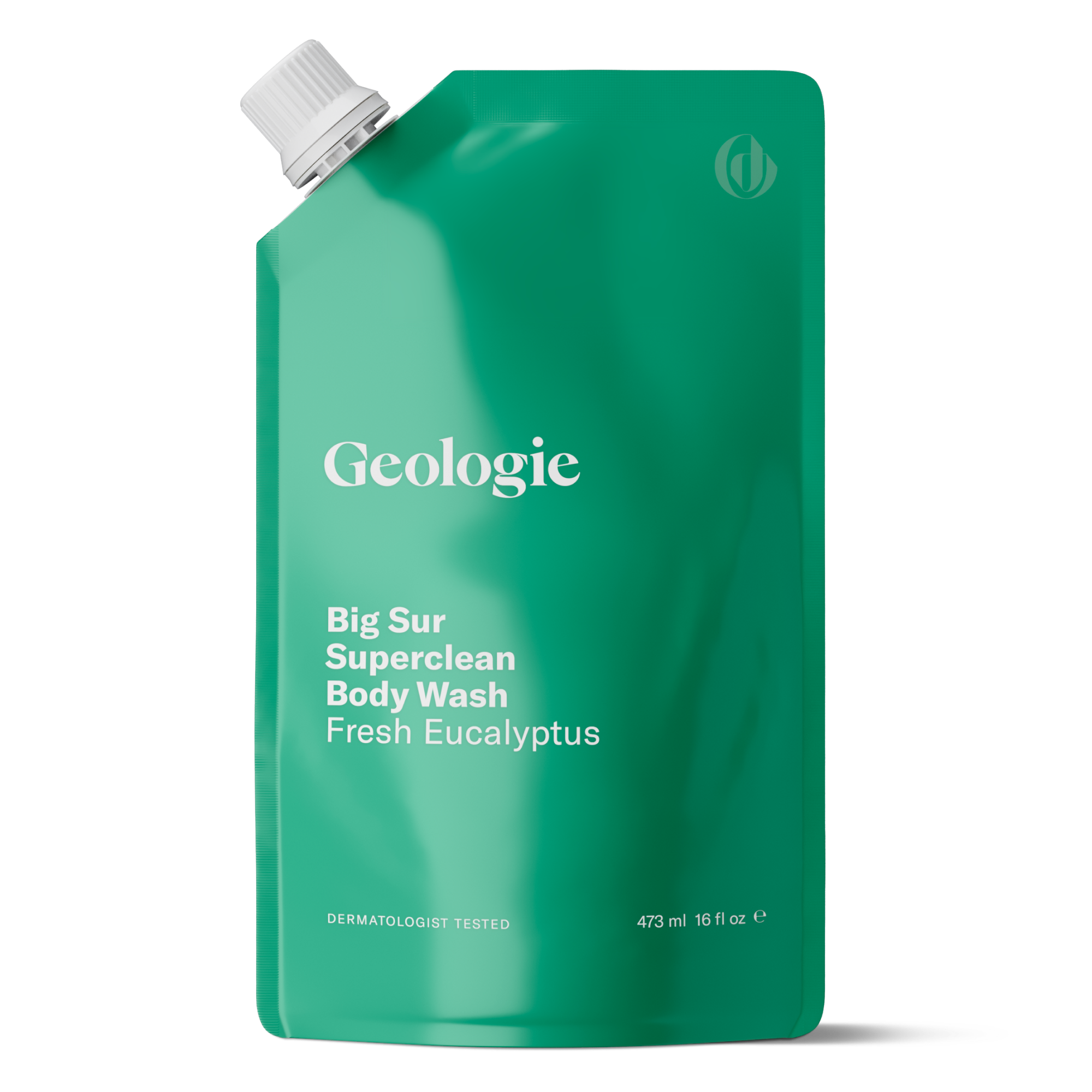 Green pouch labeled Geologie Full Size Add-on Superclean Body Wash Fresh Eucalyptus, 473 ml, with a cap on the top left corner.