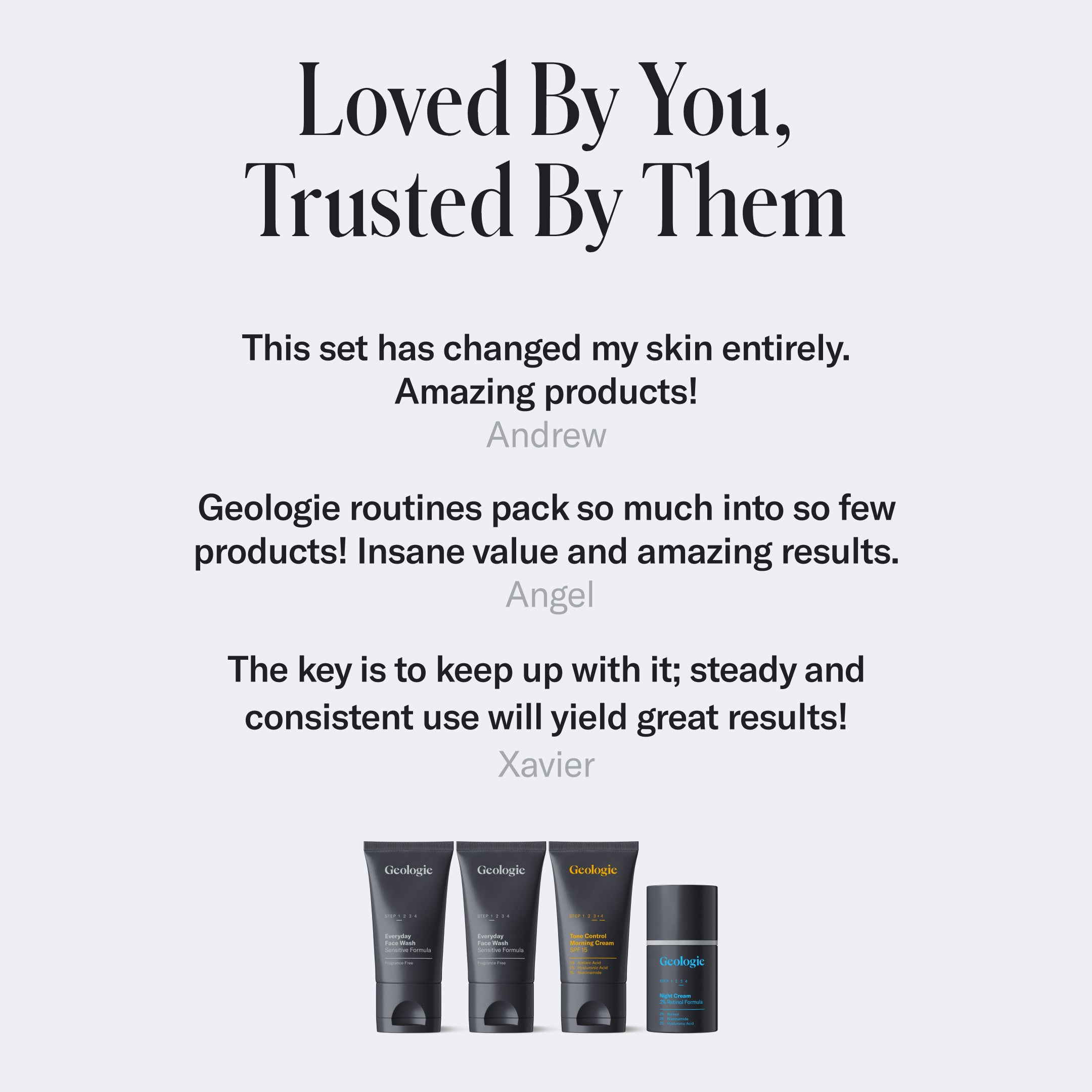 Graphic featuring a positive customer review about Geologie's Redness Relief Routine skincare products with images of three skincare bottles labeled Geologie and Curology. The text emphasizes amazing results and trust in the products, specifically highlighting their.