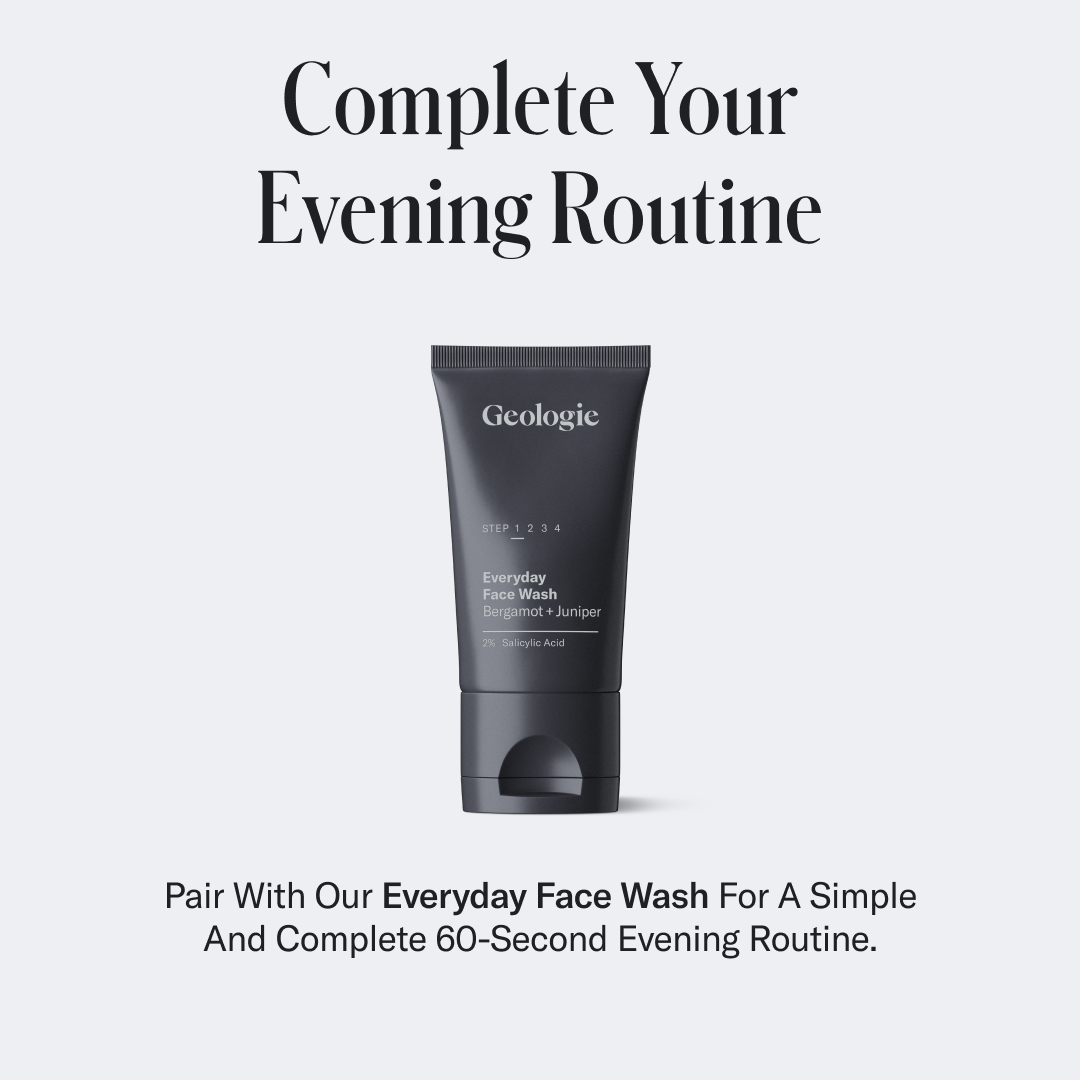 A tube of Geologie Retinol Night Cream with the text complete your evening routine and additional text promoting a 60-second washing routine for normal skin.