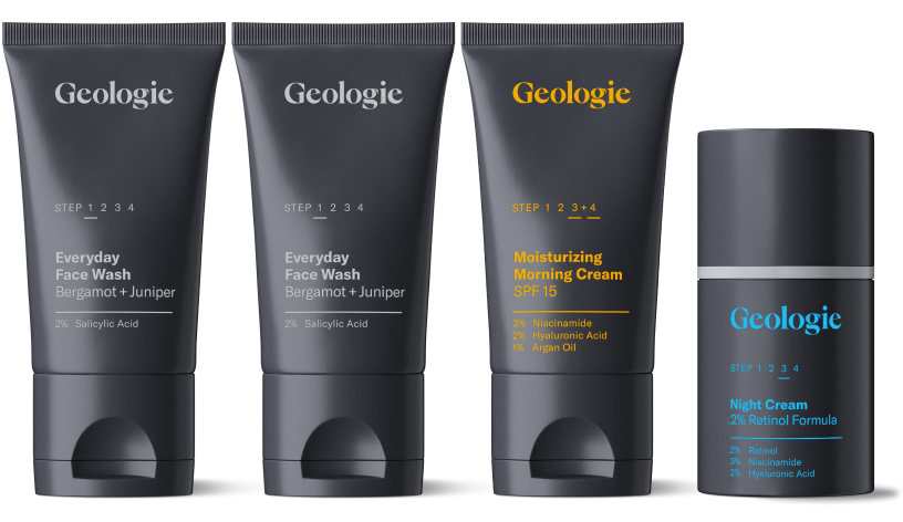 Geologie's Regimen #26 Classic Welcome Set includes four skincare products: Everyday Face Wash (Bergamot + Juniper), Moisturizing Morning Cream SPF 15, and Night Cream (Retinol Formula).