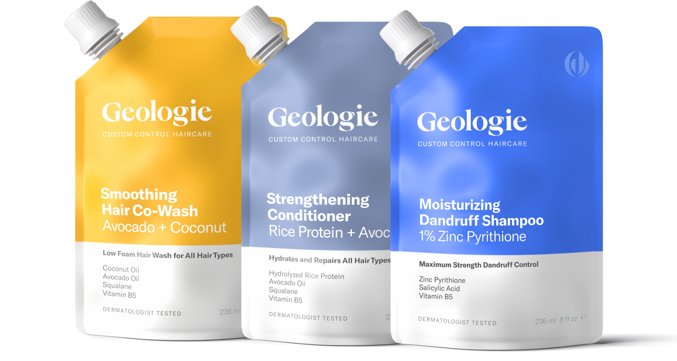 Three bottles of Geologie Smoothing Co-Wash, Dandruff Shampoo, and Strengthening Conditioner with varying ingredients and benefits displayed side by side.