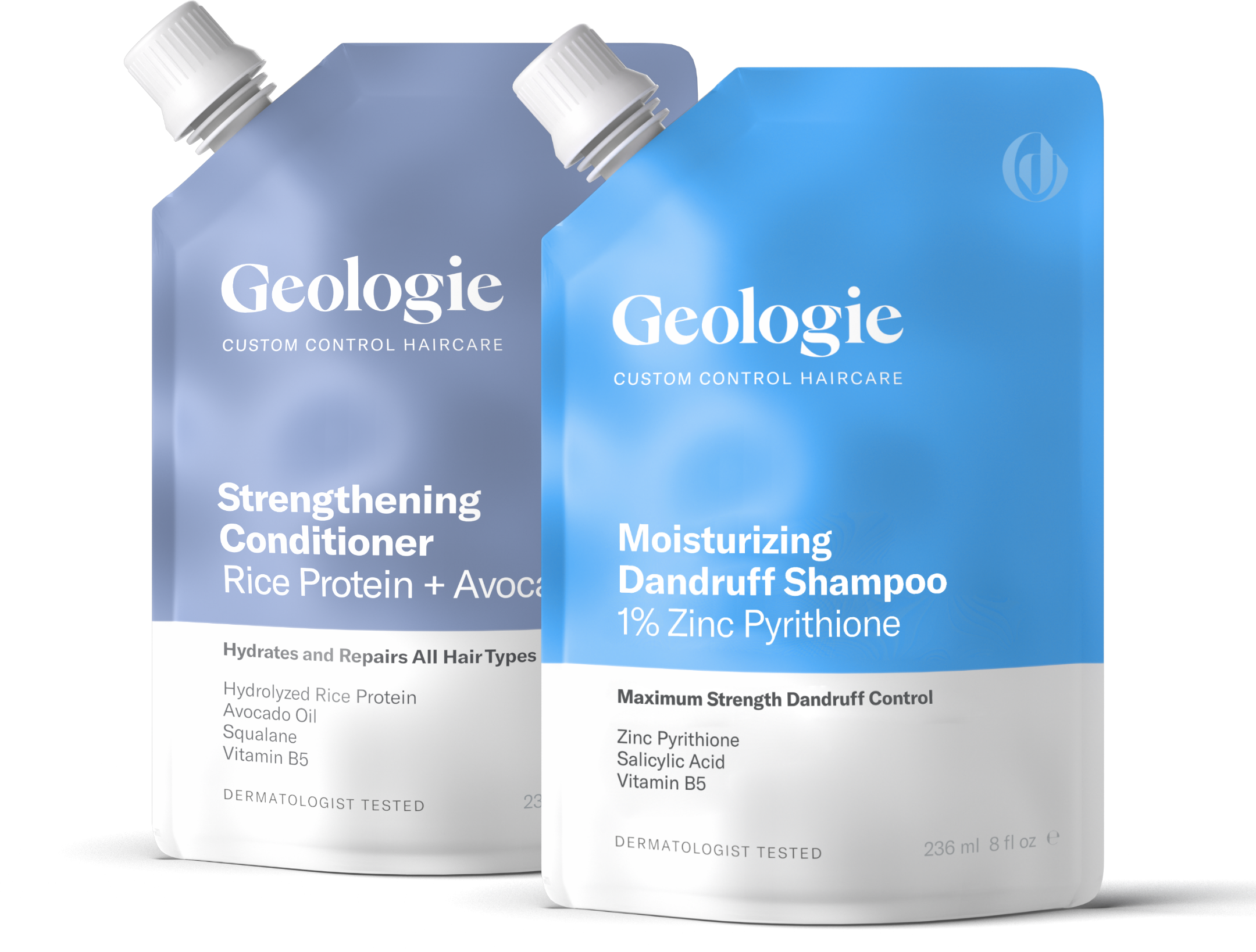 Two bottles of Geologie Custom Control Haircare Refills available for Try Before You Buy, one for strengthening with rice protein and the other for moisturizing with zinc pyrithione.