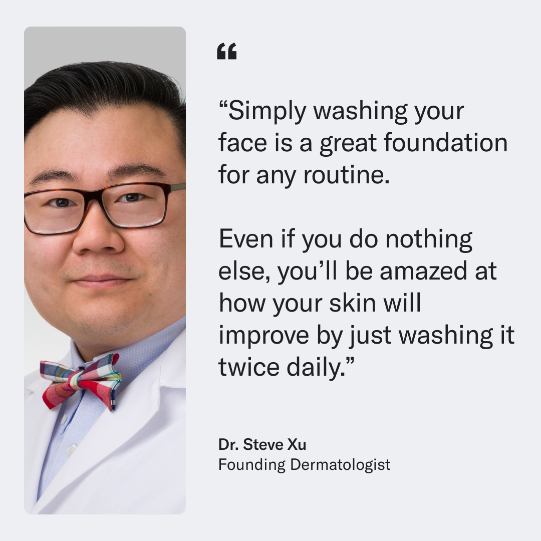 Portrait of an Asian man with glasses wearing a suit and bow tie, accompanied by a quote about skincare benefits of using Geologie's Sensitive Face Wash to prevent dirt and oil buildup.