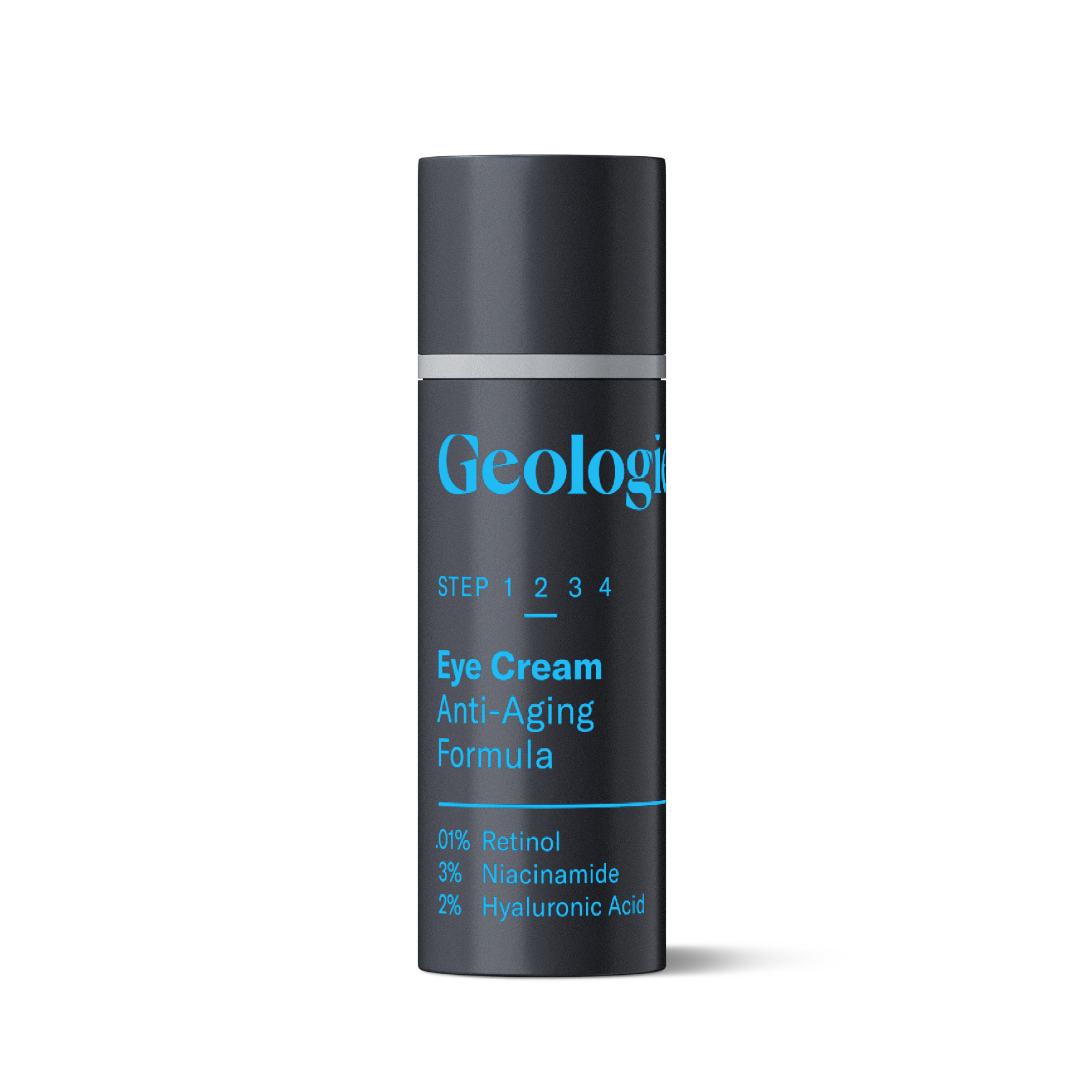 A stylish black bottle from Geologie, part of the Hero Set Free Gift, labeled Eye Cream Anti-Aging Formula features key ingredients like retinol, niacinamide, and hyaluronic acid. Ideal as a vital core set component or a considerate free gift, this product is crafted to rejuvenate and maintain youthful glow.