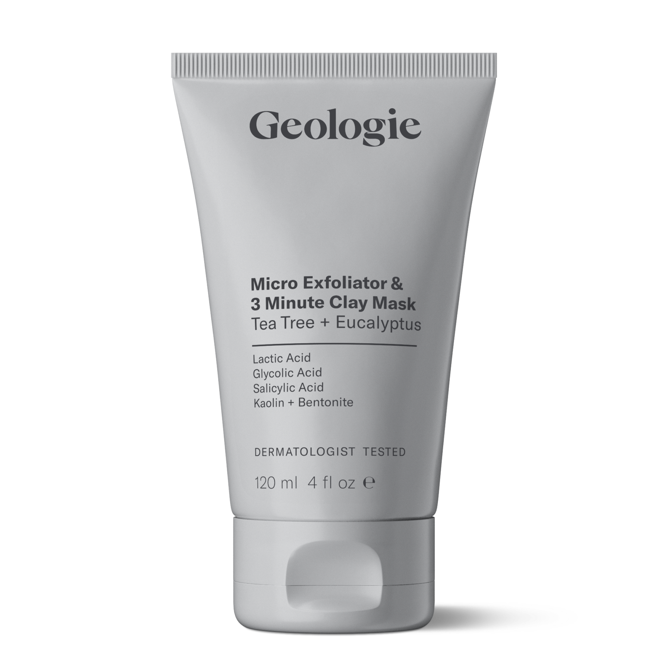 A 120ml tube of Geologie Micro Exfoliator & 3 Minute Clay Mask, featuring ingredients like lactic acid and kaolin. The packaging has a white background and black text, designed to help you achieve brilliant skin.