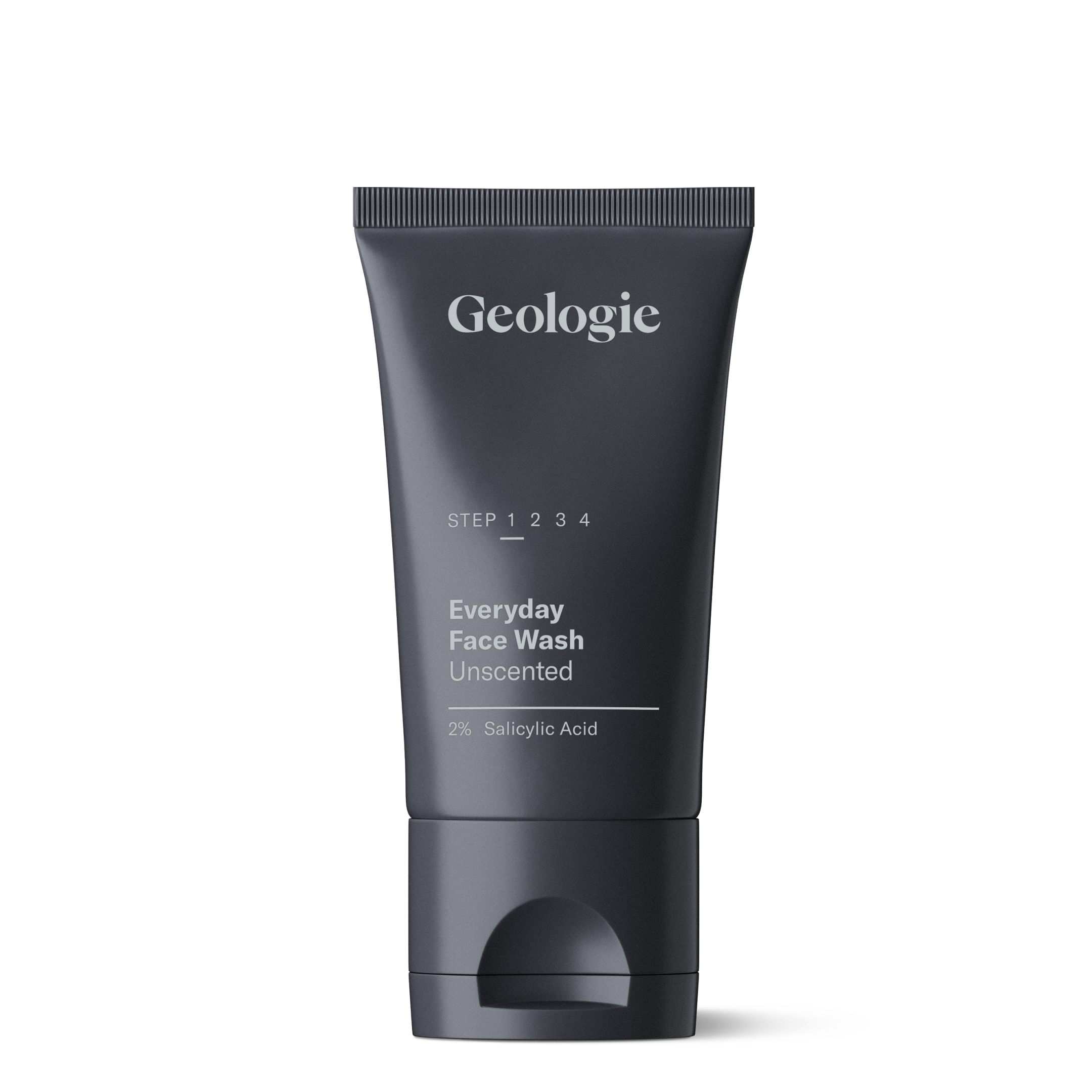 A tube of Geologie Salicylic Acid Face Wash, labeled for steps 1, 2, 3, 4, on a black background.