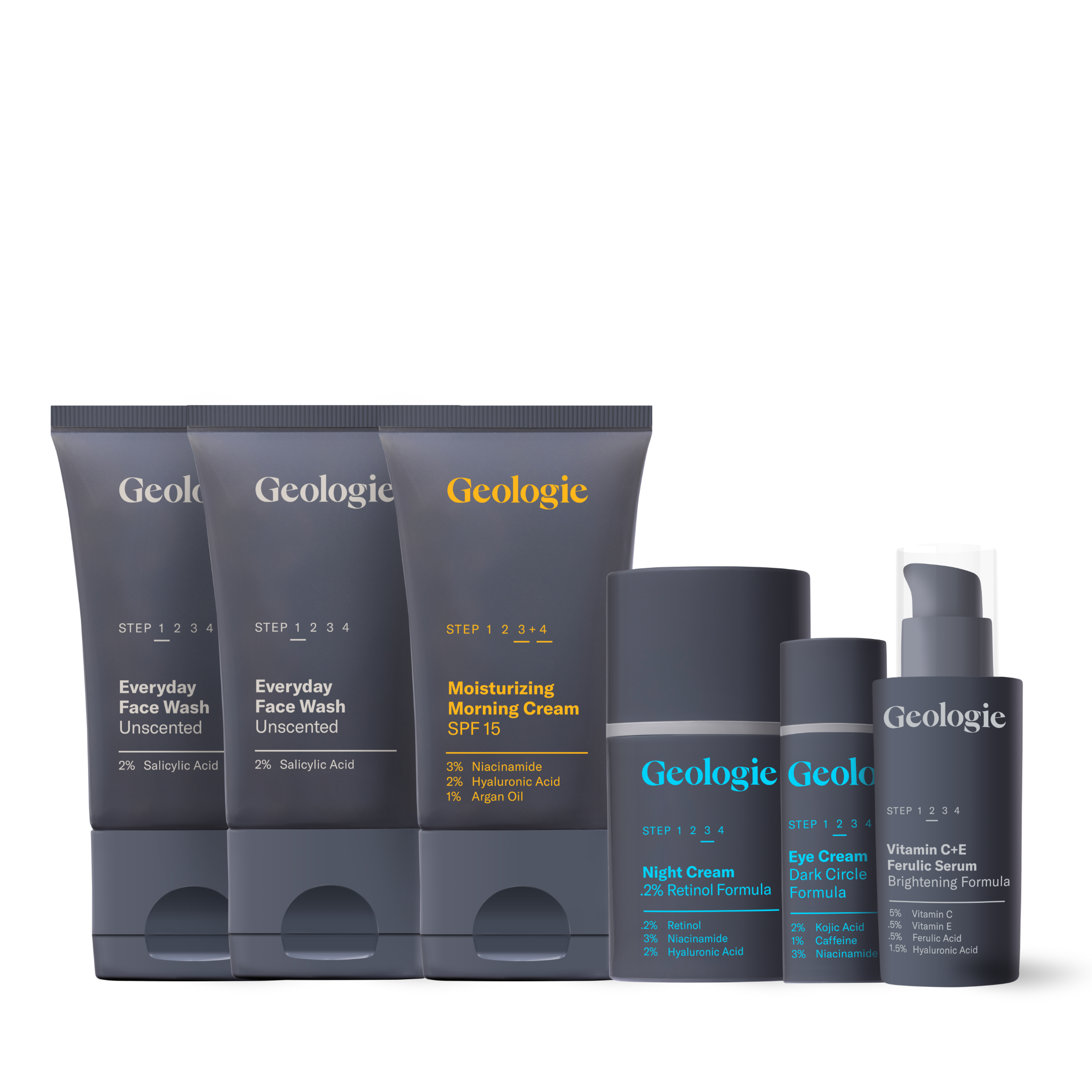 A subscription-only collection of Geologie-branded Deluxe Skincare Regimens, including everyday face wash, moisturizing SPF cream, night cream, and eye cream.