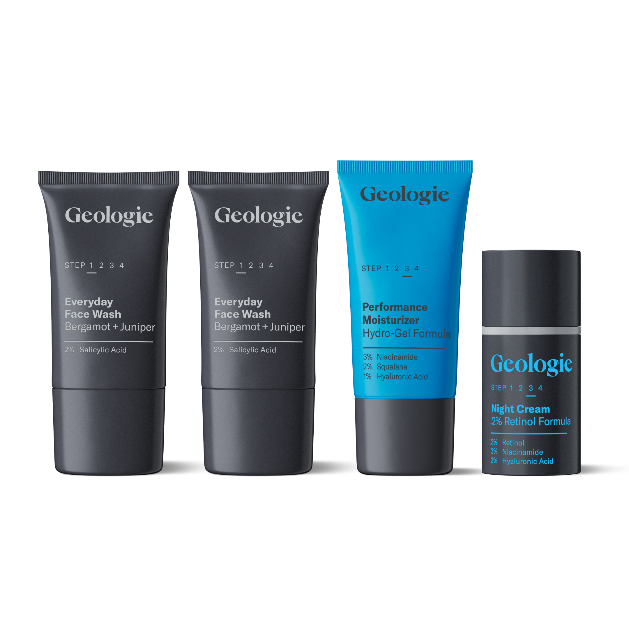 Four skincare products from Geologie, including two Everyday Face Wash bottles with salicylic acid, a Performance Moisturizer, and a Night Cream, stand in a row against a white background. Ideal for any skincare routine, the Oily Skin Routine effectively manages oily skin.