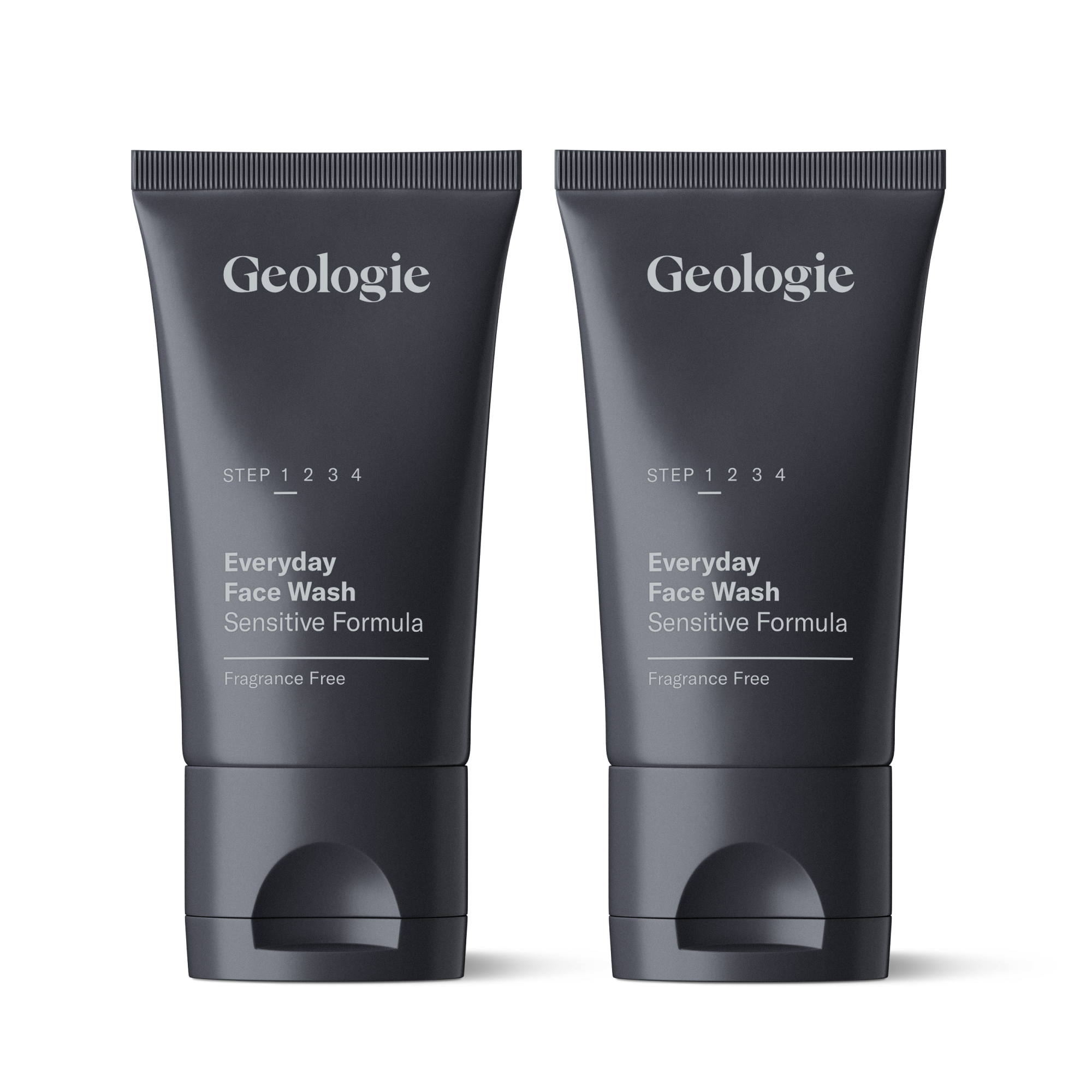 Two Geologie Sensitive Face Wash tubes for sensitive skin, fragrance-free, labeled with step 1 2 3 4 on a plain background.