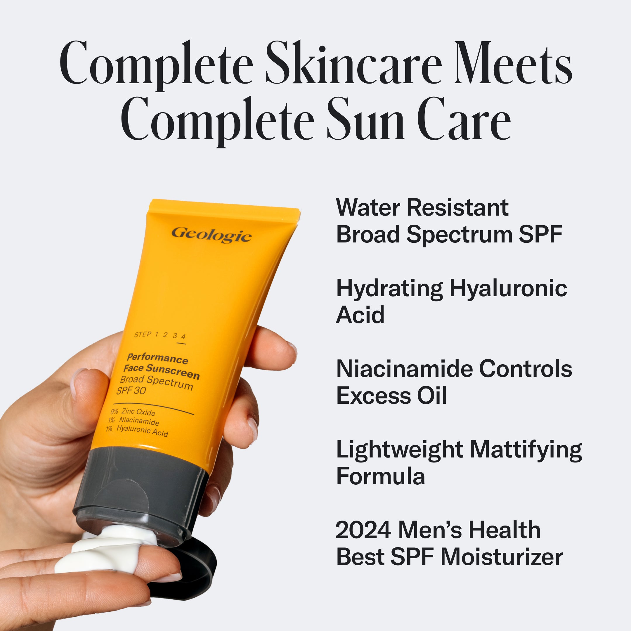 Tube of Geologie Ultimate Skincare Set labeled step 1 2 3 4 with text highlights about broad spectrum SPF, hydrating hyaluronic acid, niacinamide controls excess oil and breakouts, and being a lightweight, mattifying SPF moisturizer.