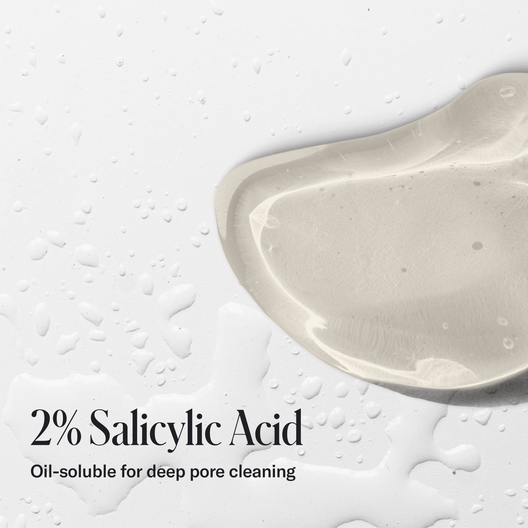 Clear gel-like substance on a white surface with water droplets. Text: Geologie Acne Control Face Wash—2% salicylic acid for deep pore cleaning.