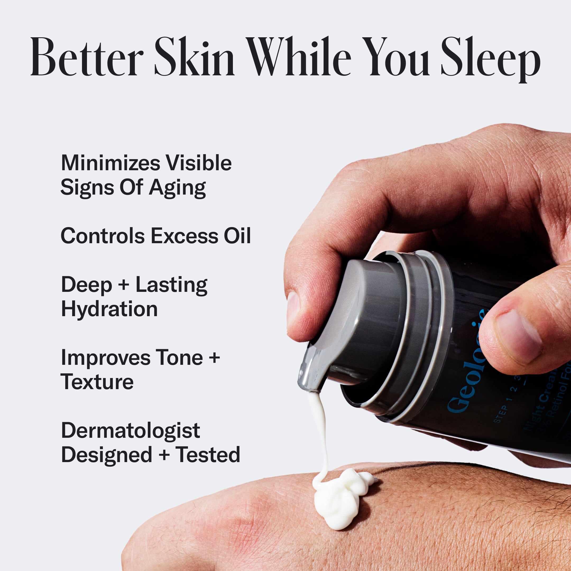 Hand squeezing Deluxe Skincare Set cream from a bottle onto another hand, with text about the benefits of Geologie skincare product for reducing wrinkles while sleeping.