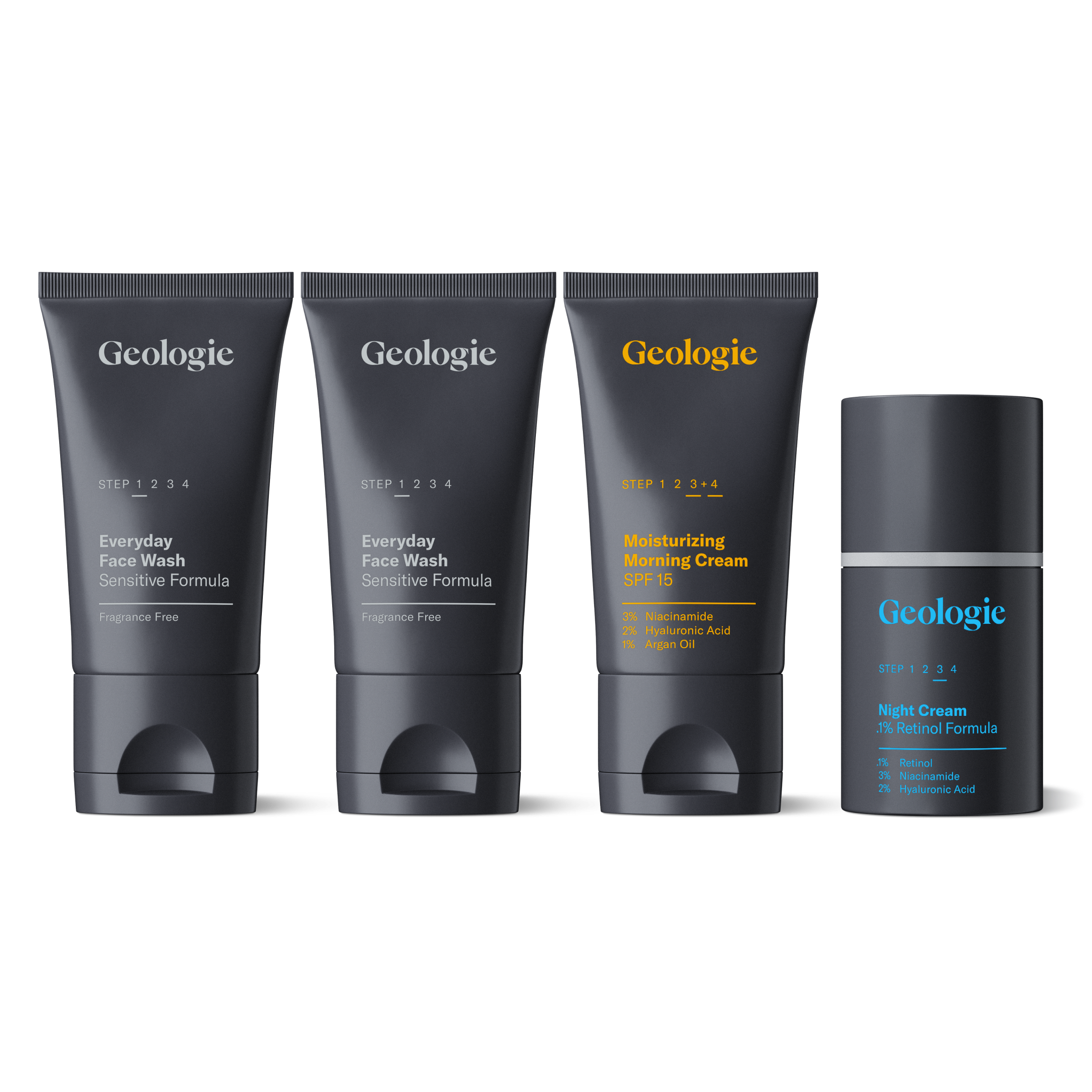 Four Sensitive Skincare Sets from Geologie labeled as face wash, sunscreen, and night creams for men with sensitive skin, featuring minimalist black packaging.