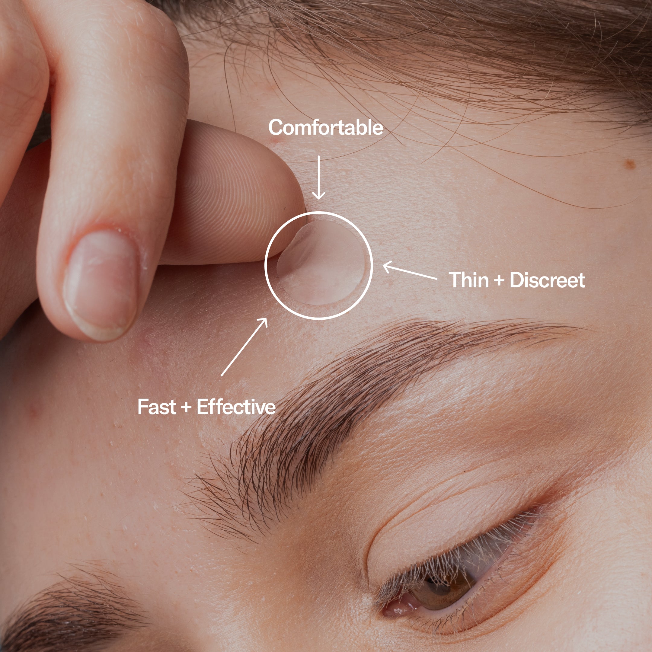 Close-up of a person's eye with annotations pointing to a small circular Zit Zapper Pimple Patch by Geologie on the skin, highlighting features like comfortable, thin + discreet, and fast +.