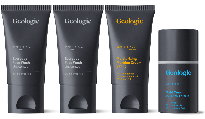 The Geologie Core Skincare Set includes four products: two tubes of Everyday Face Wash, one Moisturizing Morning Cream SPF 15, and one Night Cream JR Retinol Formula. Each product is meticulously labeled with its specific ingredients.