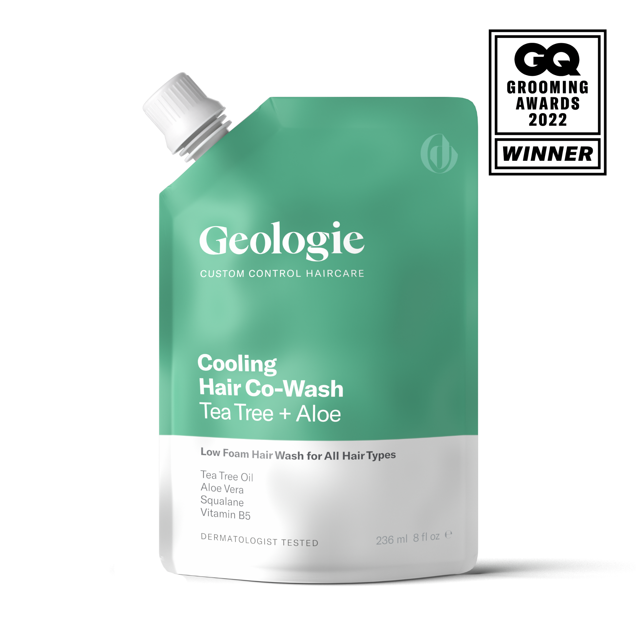 A bottle of Geologie Cooling Co-Wash, awarded as the GQ grooming awards winner 2022.