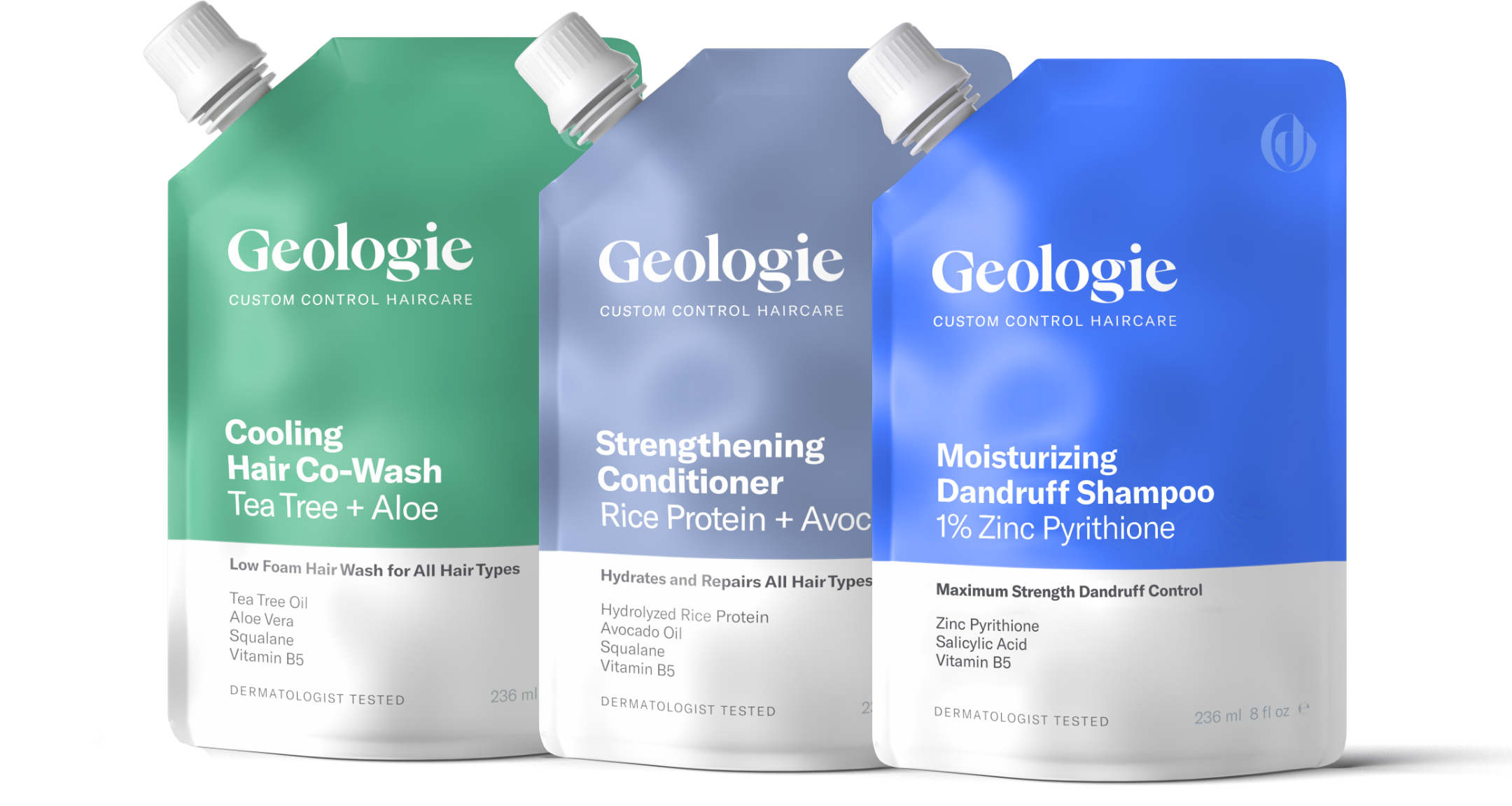 Three varieties of Geologie hair care products, including the Cooling Co-Wash, Dandruff Shampoo, and Strengthening Conditioner, highlighting their key ingredients and benefits.