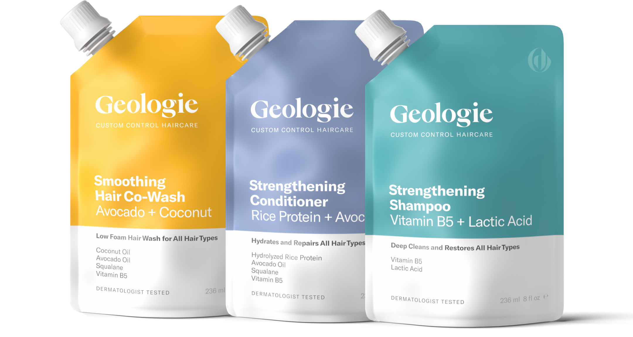 Three bottles of Geologie Custom Control Haircare Refills, ideal for the Try Before You Buy program, featuring smoothing co-wash, strengthening conditioner, and strengthening shampoo.