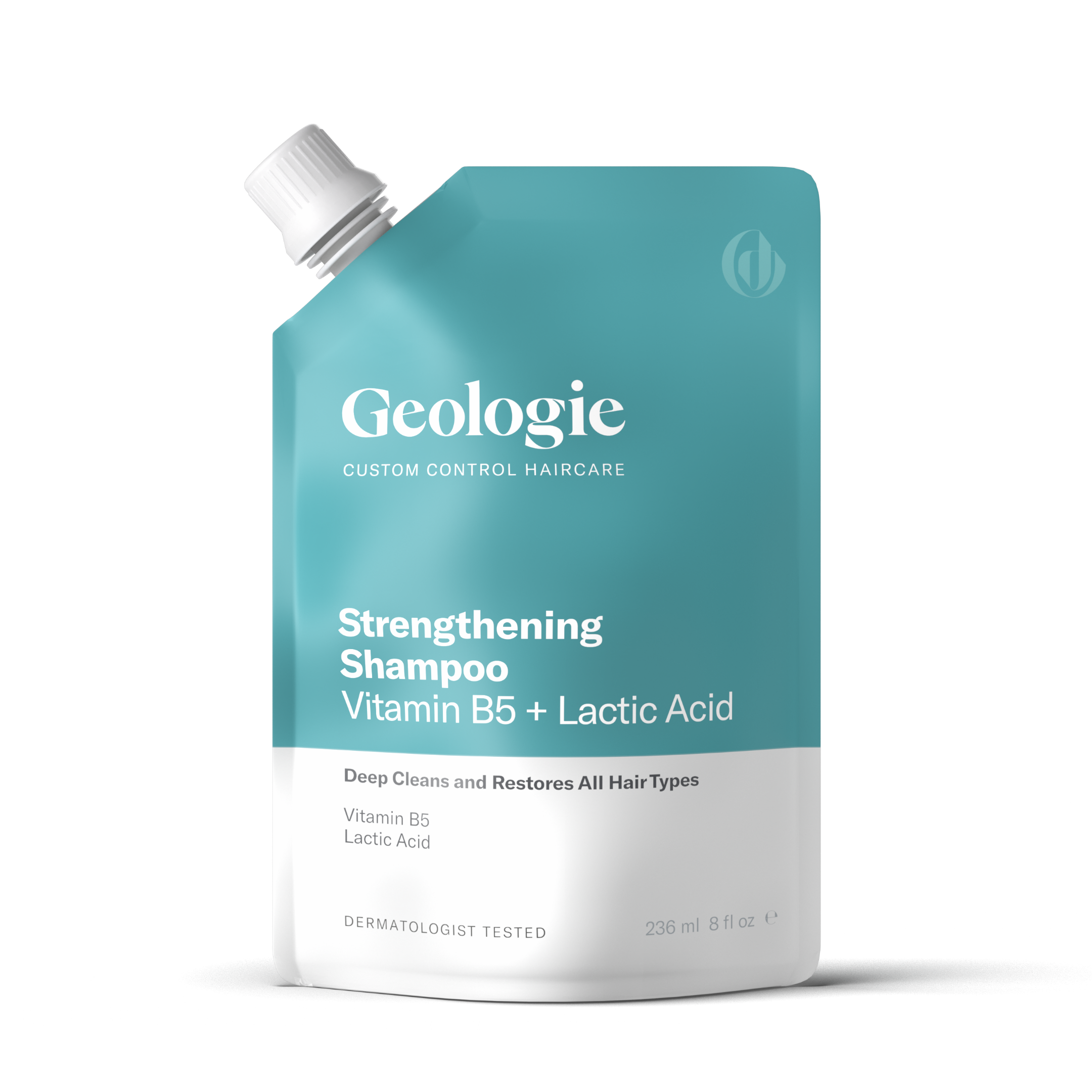 A bottle of Geologie Custom Control Haircare Refills with vitamin B5 and lactic acid, available as a final subscription product.