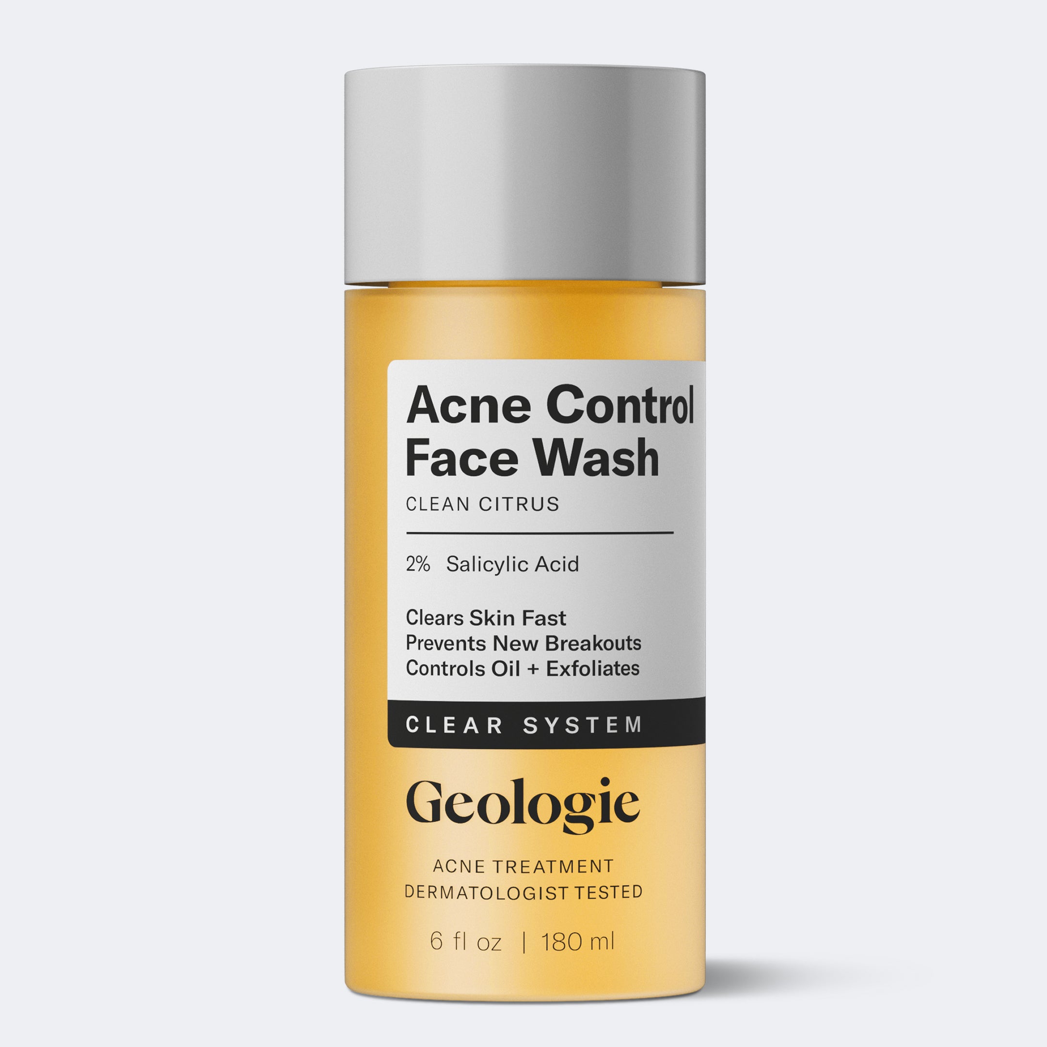 Geologie Acne Control Face Wash with 2% salicylic acid, part of the Clear System, clears skin, prevents breakouts, controls oil, and exfoliates.