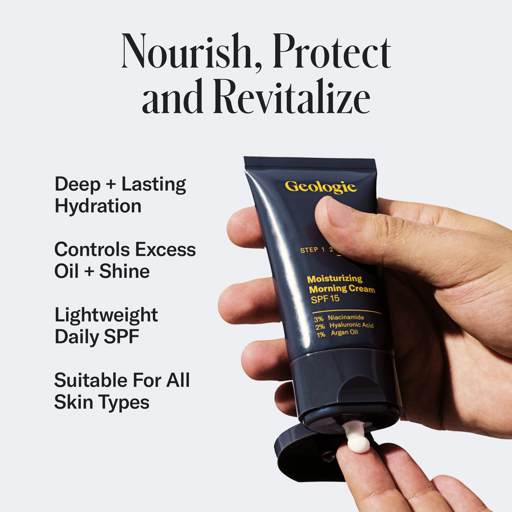 A hand squeezing cream from a blue tube labeled Geologie Skincare Sample Set with SPF15 with ingredients listed, against a white background with text highlighting skincare benefits.